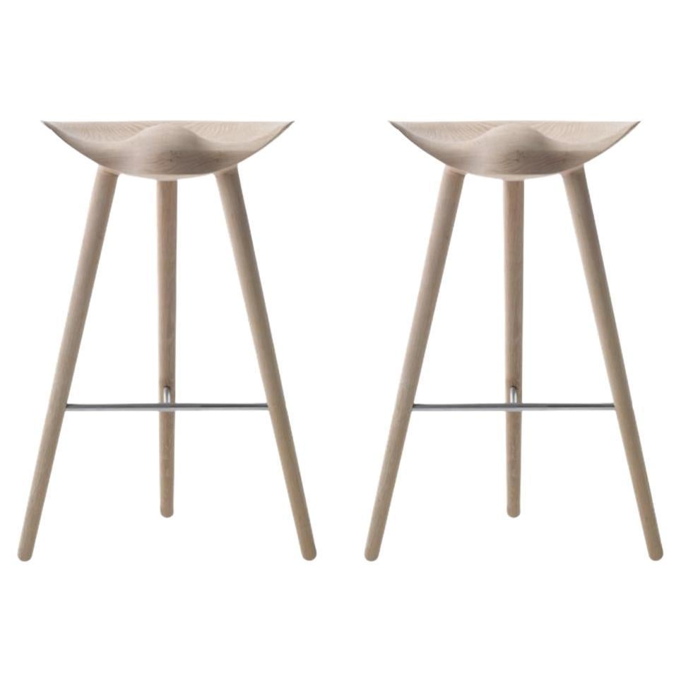 Set Of 2 ML 42 Oak and Stainless Steel Bar Stools by Lassen For Sale
