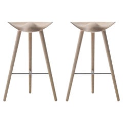 Set Of 2 ML 42 Oak and Stainless Steel Bar Stools by Lassen