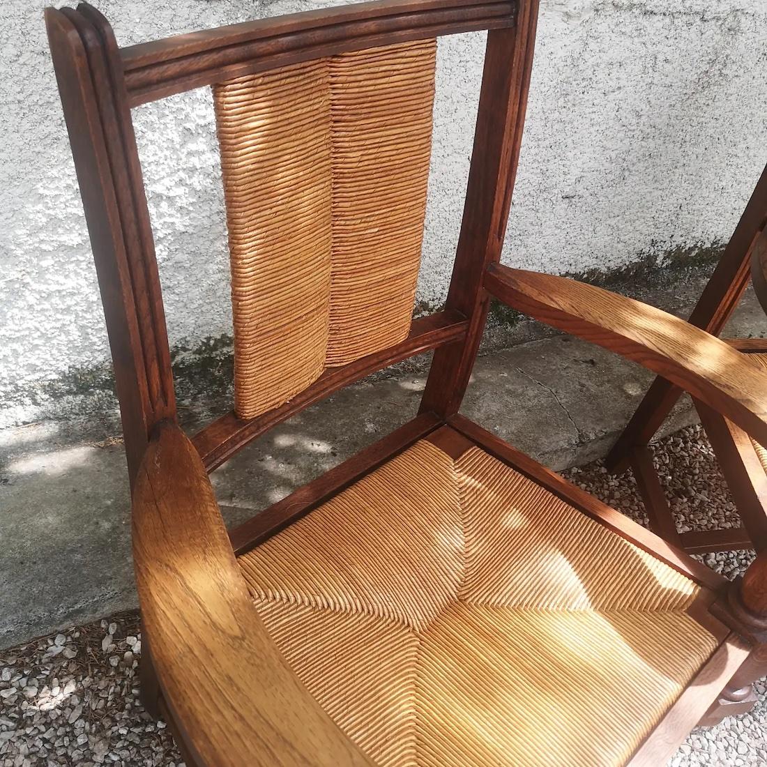 Art Deco set of 2 oak armchairs and straw seat circa 1940