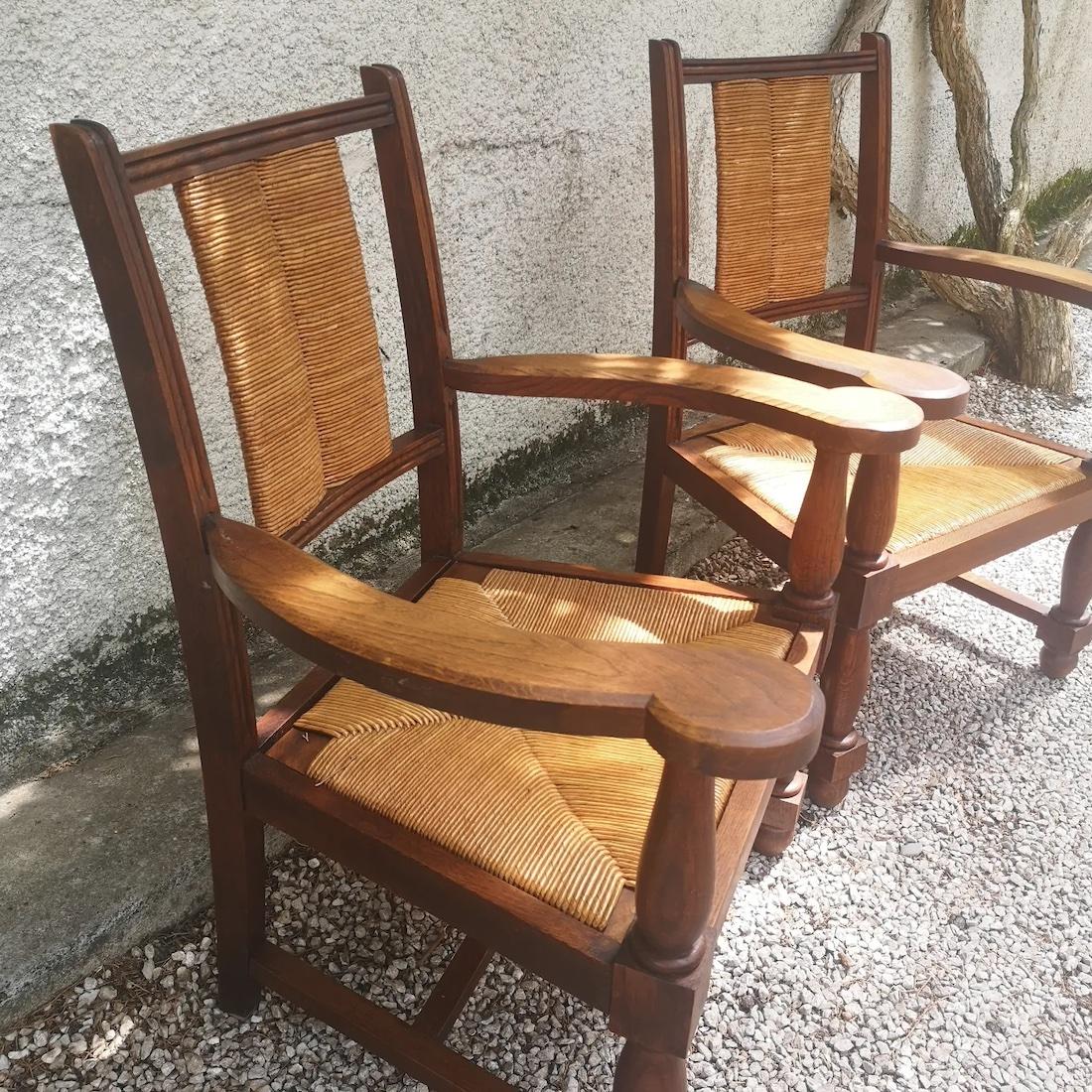 French set of 2 oak armchairs and straw seat circa 1940