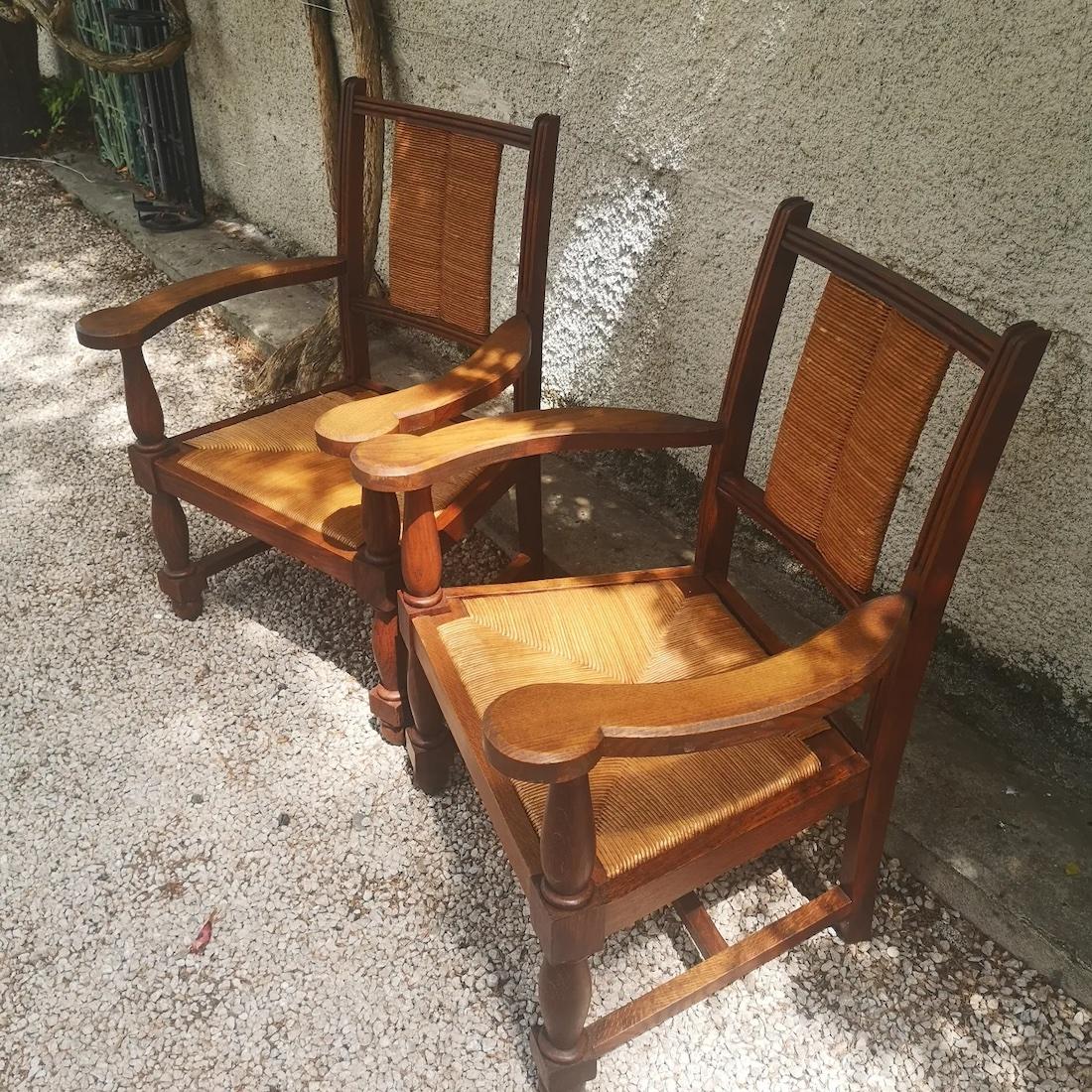 set of 2 oak armchairs and straw seat circa 1940 In Good Condition In TARBES, FR