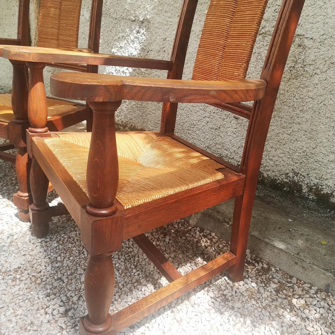 Mid-20th Century set of 2 oak armchairs and straw seat circa 1940