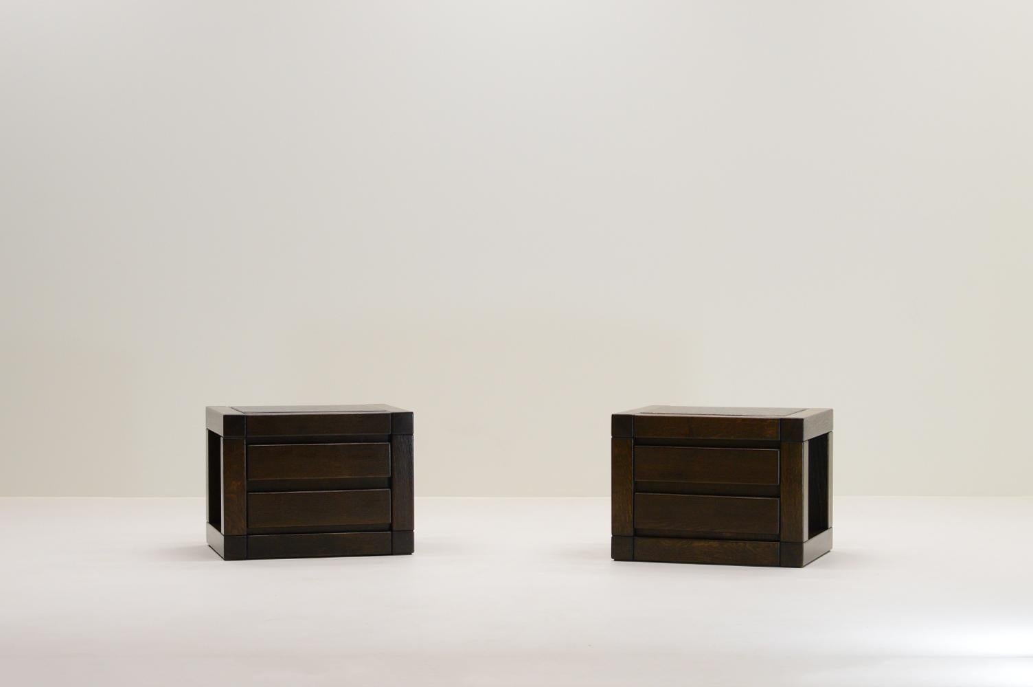 Brutalist Set of 2 oak bedside drawer cabinets, 1970s Europe.