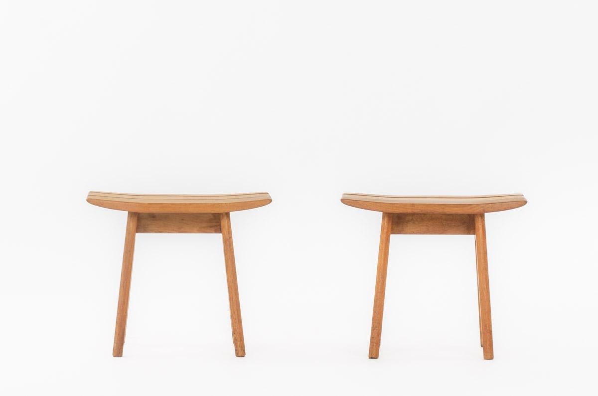 French Set of 2 oak stools by Guillerme and Chambron for Votre Maison 1950