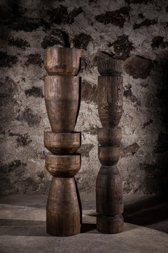 Set Of 2 Oak Totems in Dark Stained Oak with a Waxed Finish by No Age Studio