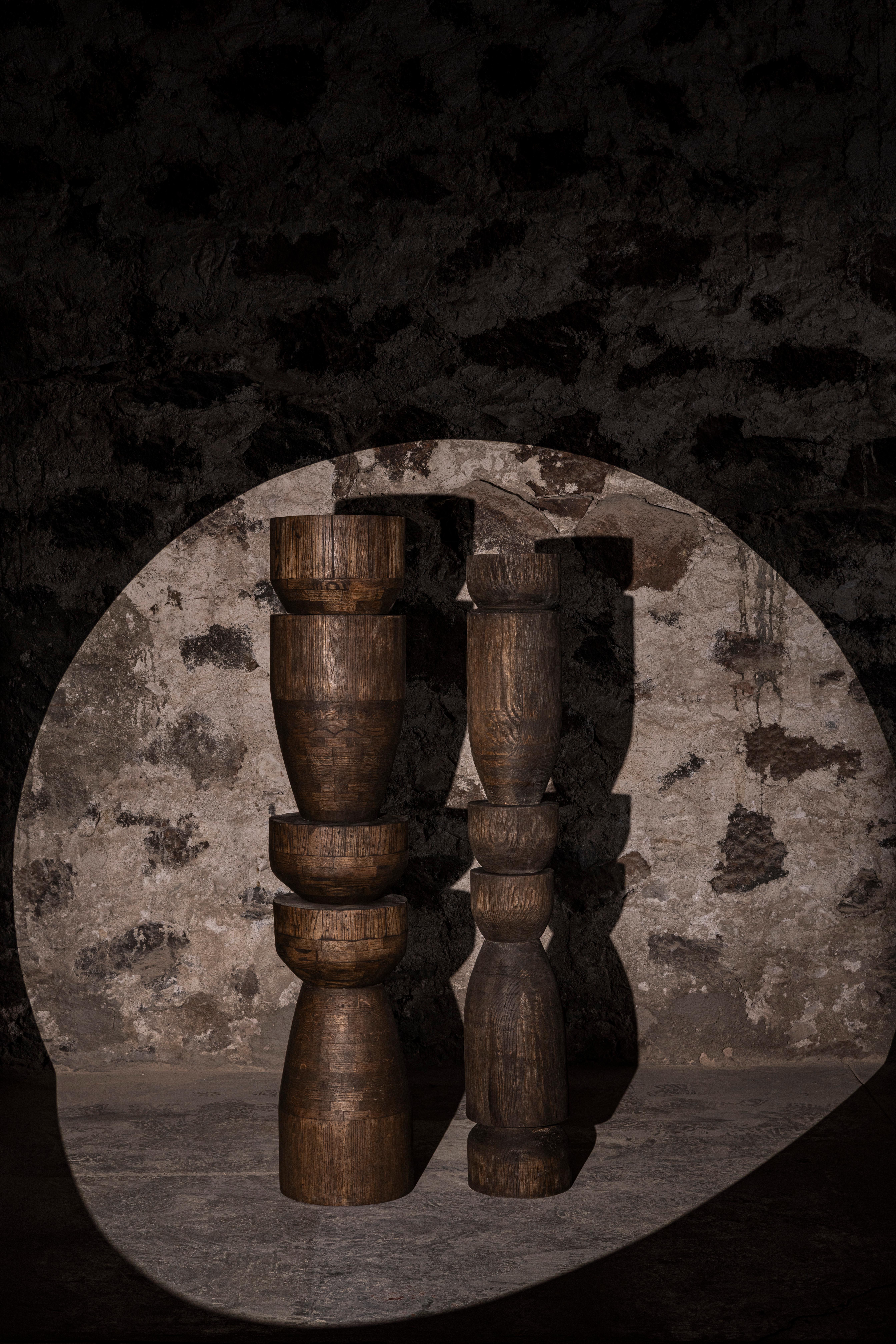 Mexican Set Of 2 Oak Totems in Dark Stained Oak with a Waxed Finish by No Age Studio For Sale