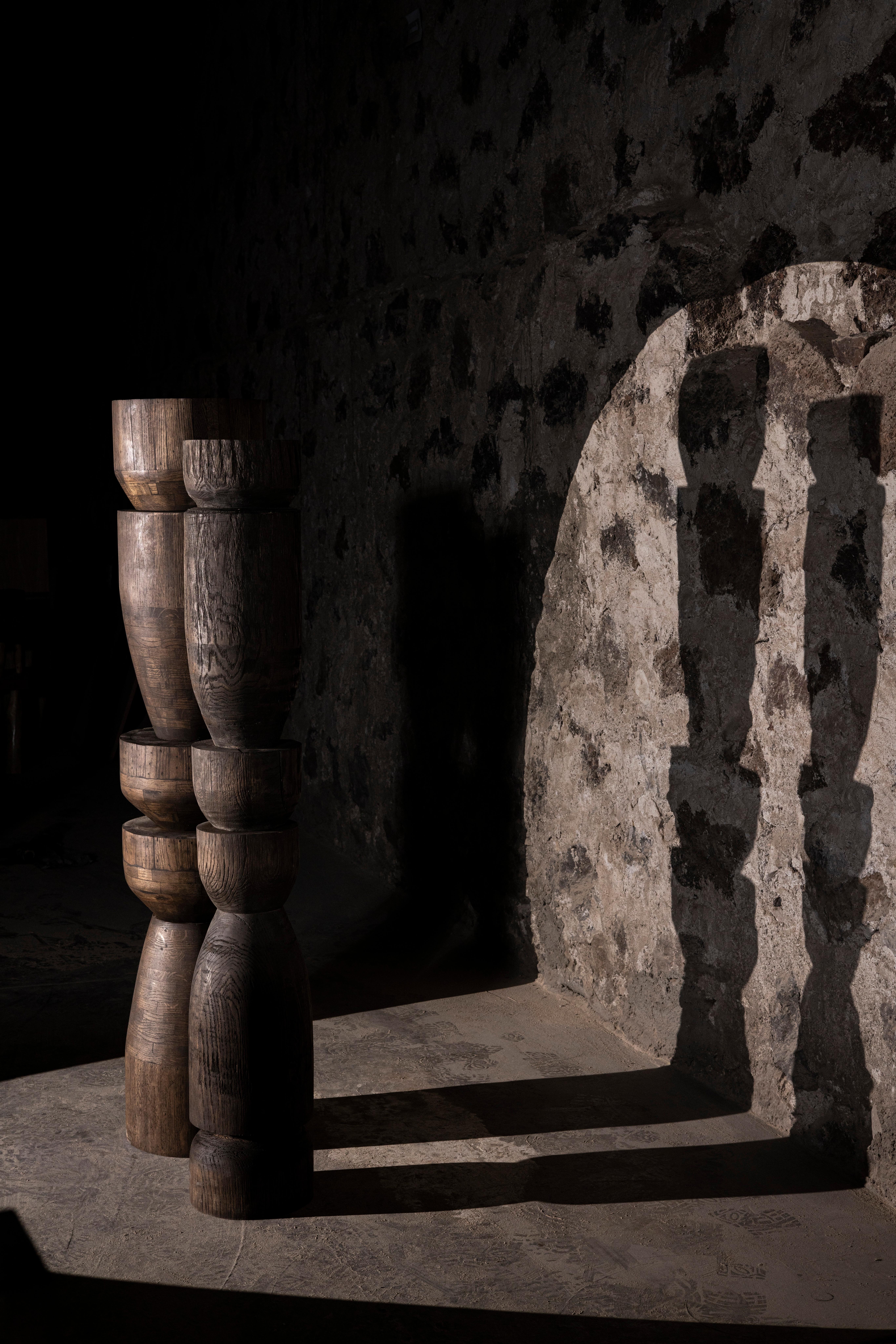 Other Set Of 2 Oak Totems in Dark Stained Oak with a Waxed Finish by No Age Studio For Sale