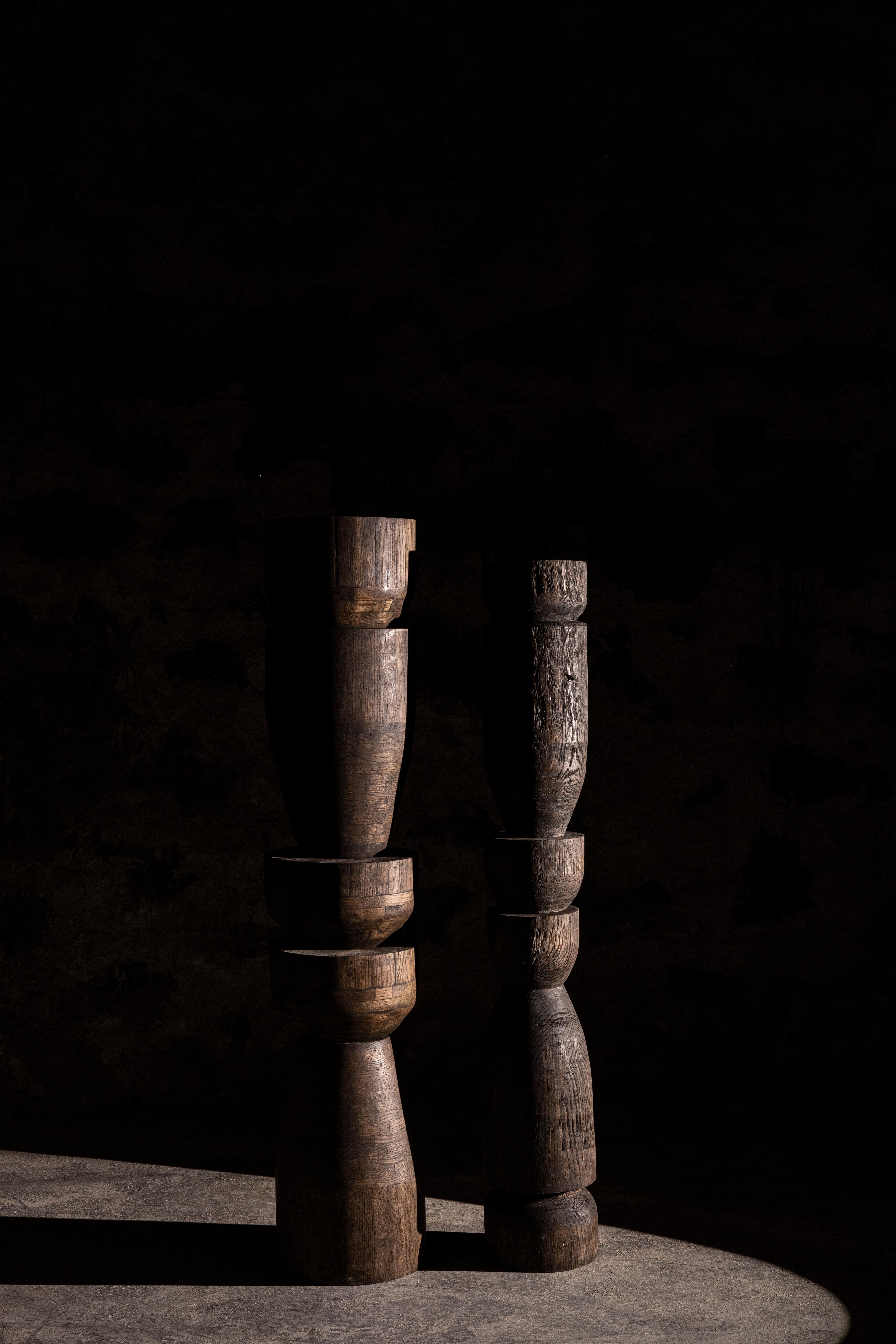 Set Of 2 Oak Totems in Dark Stained Oak with a Waxed Finish by No Age Studio In New Condition For Sale In Geneve, CH