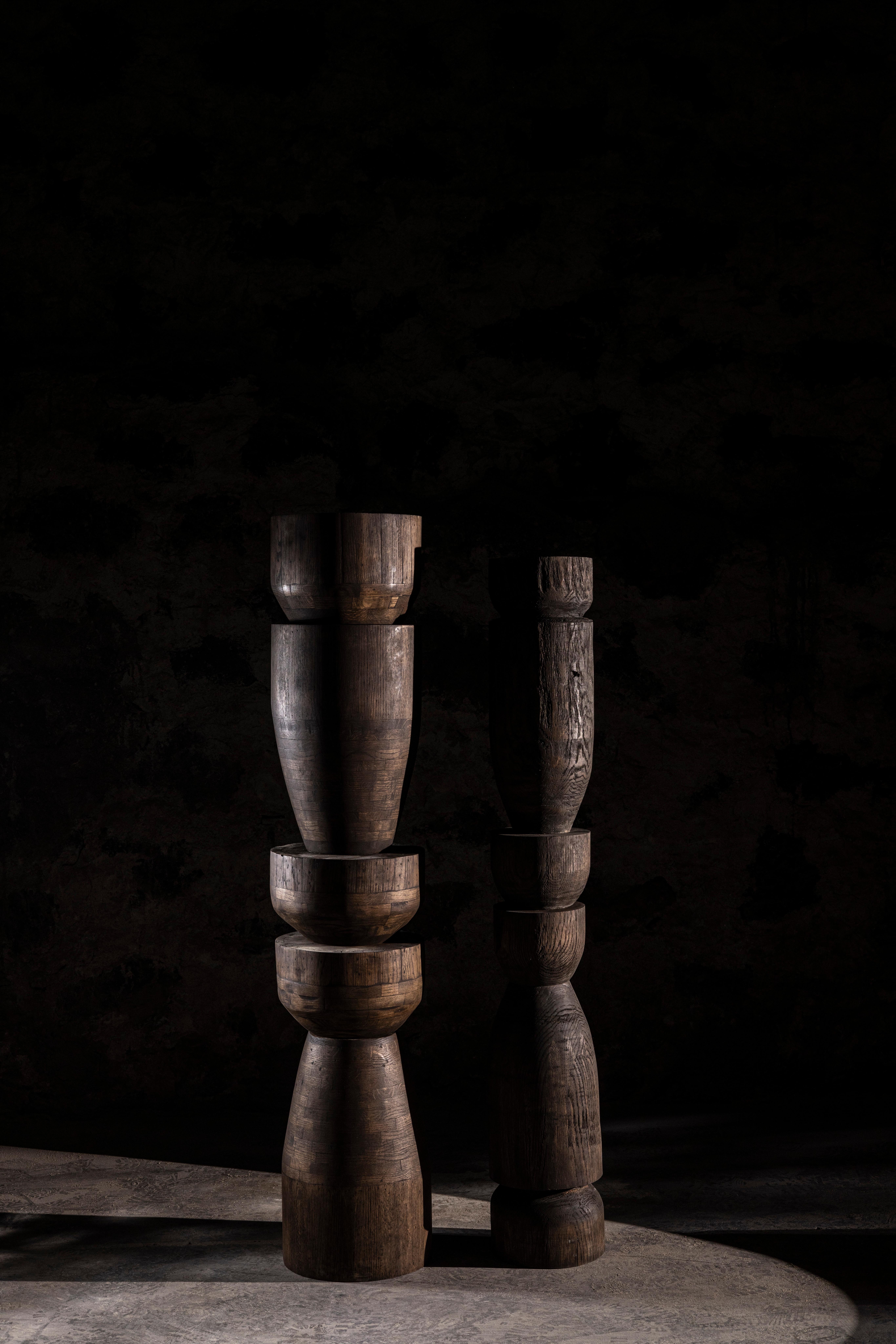 Contemporary Set Of 2 Oak Totems in Dark Stained Oak with a Waxed Finish by No Age Studio For Sale