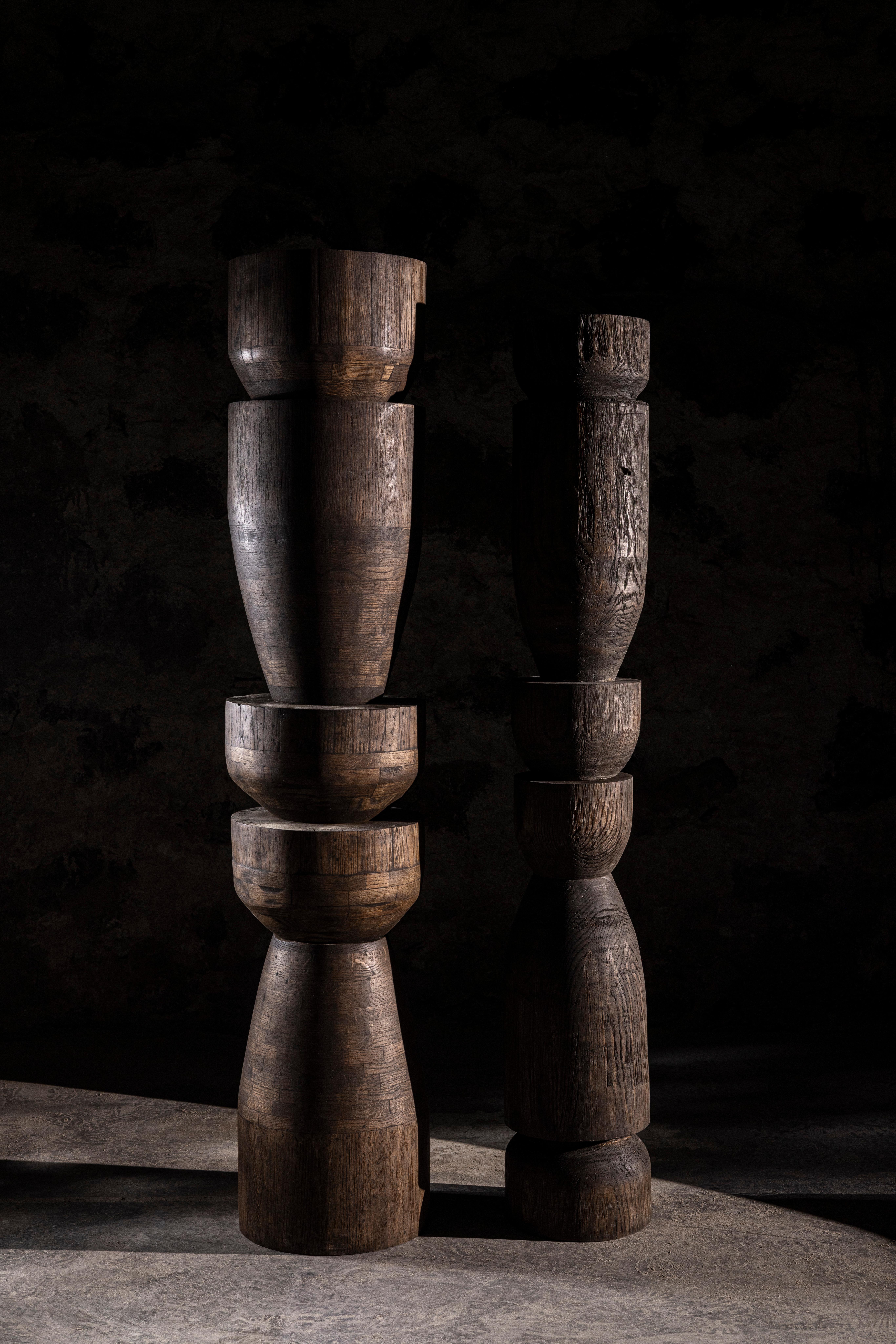 Set Of 2 Oak Totems in Dark Stained Oak with a Waxed Finish by No Age Studio For Sale 1