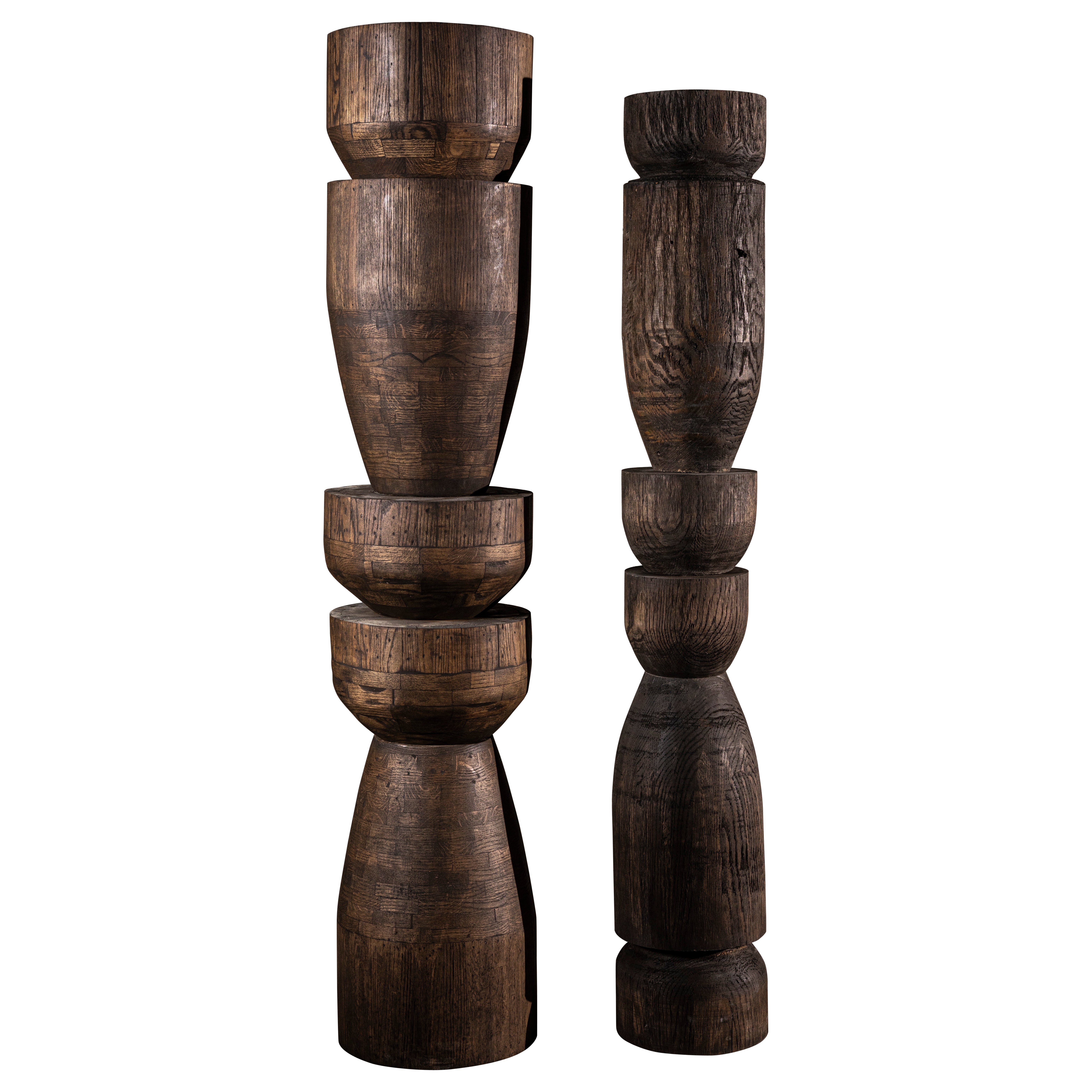 Set Of 2 Oak Totems in Dark Stained Oak with a Waxed Finish by No Age Studio For Sale