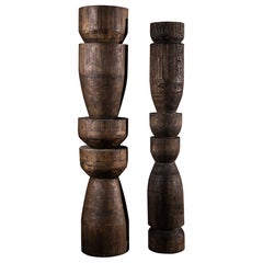 Set Of 2 Oak Totems in Dark Stained Oak with a Waxed Finish by No Age Studio