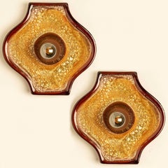 Set of 2 Ochre Oval Ceramic Wall Lights Fat Lava Style, 1970