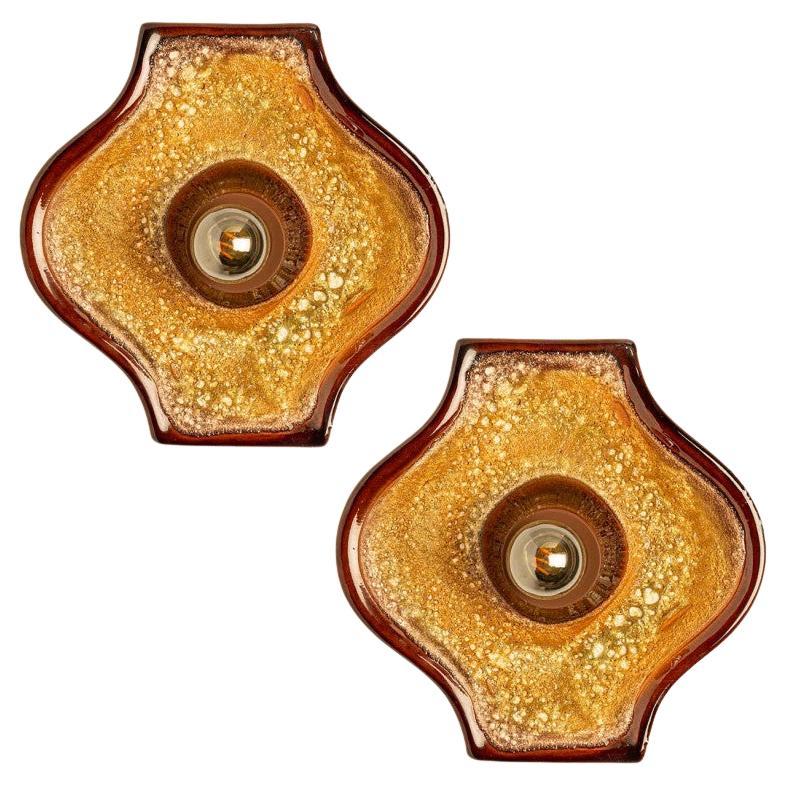 Ensemble de 2 appliques ovales en céramique Ochre Fat Lava Style, 1970
