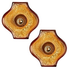 Set of 2 Ochre Oval Ceramic Wall Lights Fat Lava Style, 1970