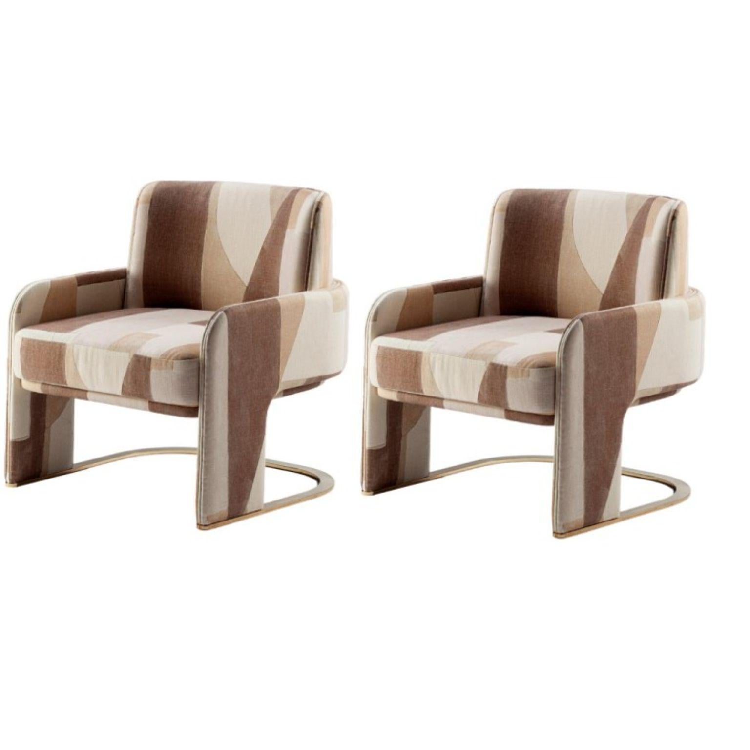 Set of 2 Odisseia Armchairs by Dooq
Dimensions: W 71 x D 66 x H 75 cm
Materials: Fabric or leather.
Feet Polished brass, copper or nickel, or satin brass, copper or nickel

Odisseia chair embodies the aesthetic spirit of the space age, a new