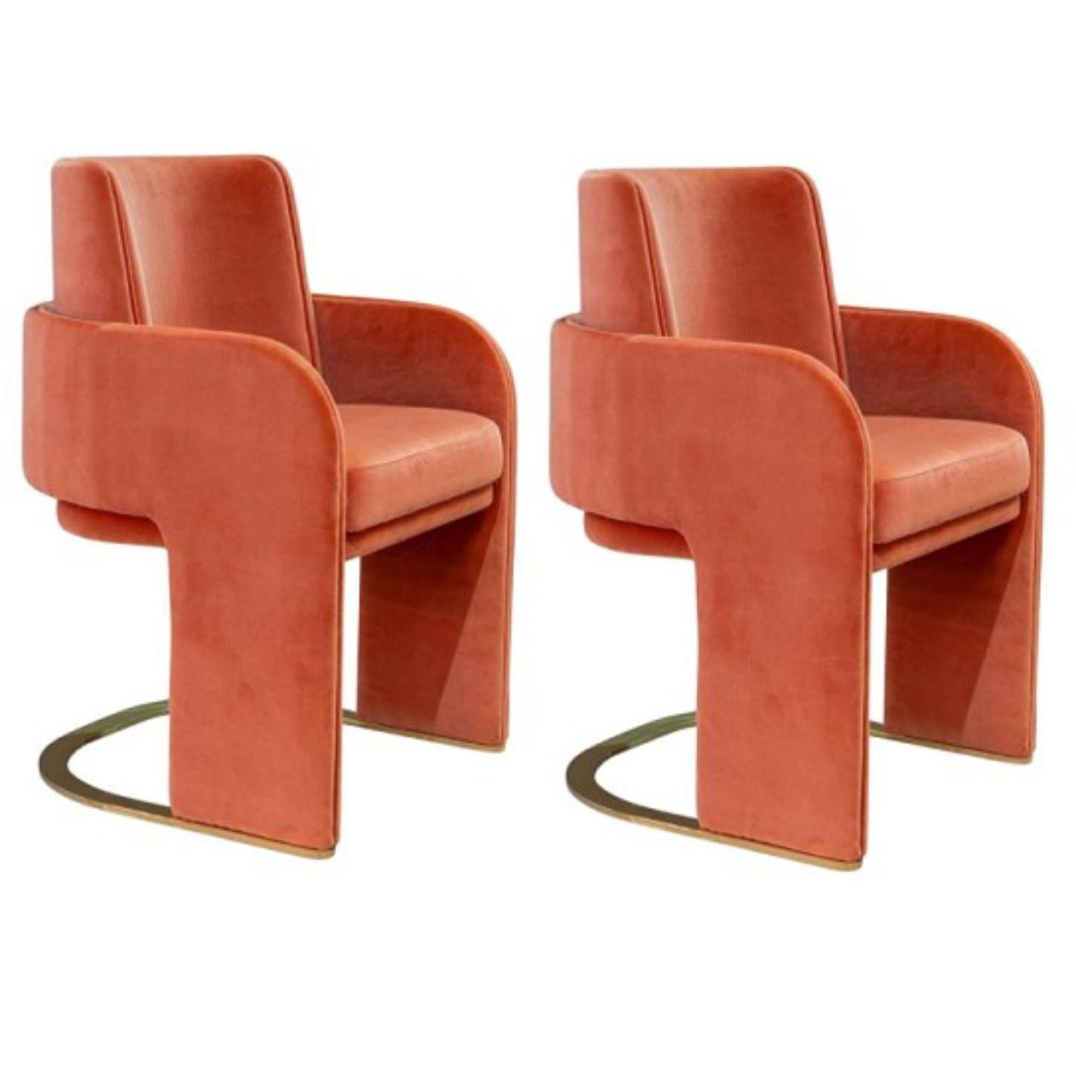 Set of 2 Odisseia chairs by Dooq
Dimensions
W 54 x D 55 x H 85 x Seat H 48 cm

Materials & Finishes
Base and feet in stainless steel plated polished or satin: brass, copper or nickel. Upholstery: seat, armrests and back fully upholstered in