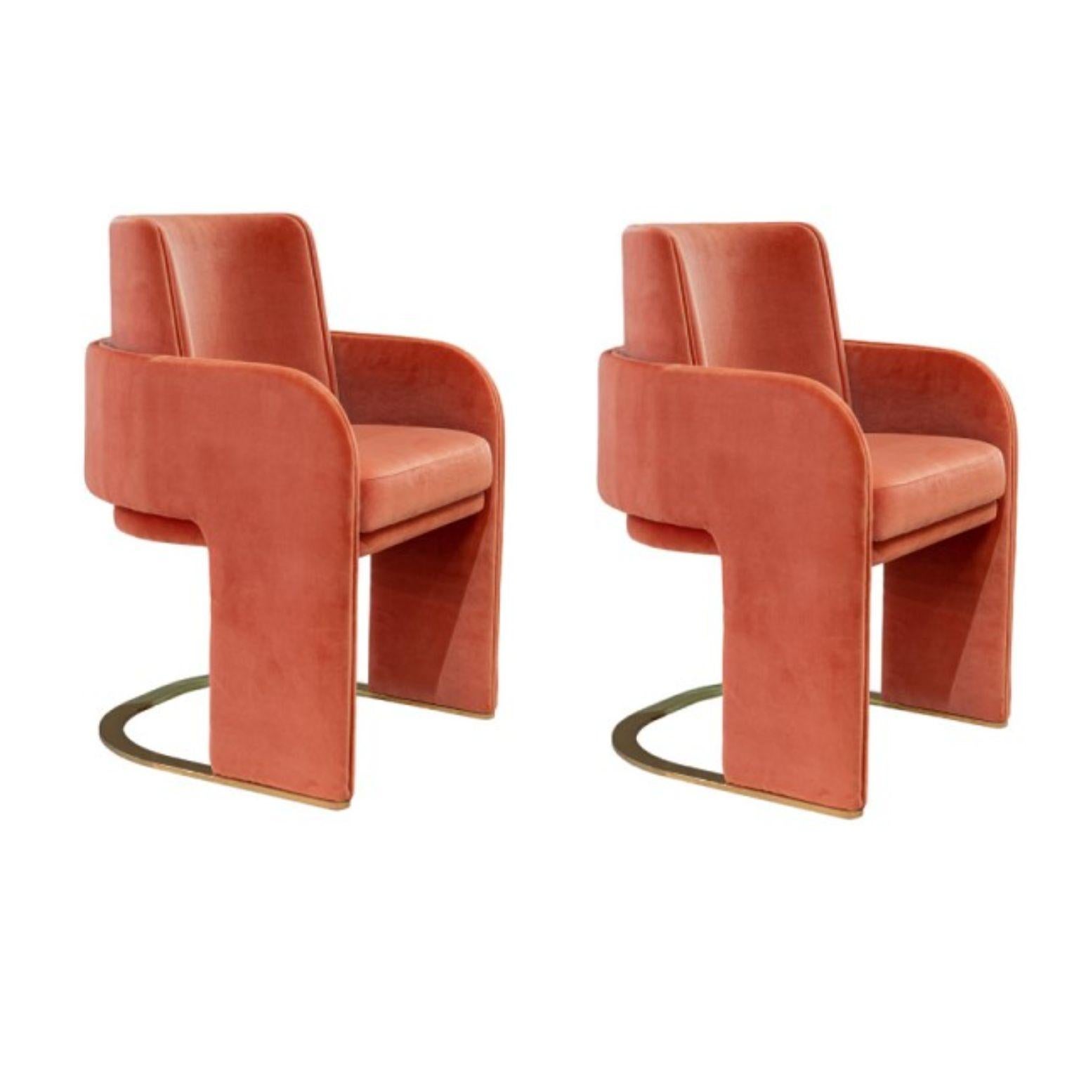 Set of 2 odisseia chairs by Dooq
Dimensions: W 56 x D 57 x H 85 cm
Materials: Leather or fabric, stainless steel plated polished or satin: brass, copper or nickel

Odisseia chair embodies the aesthetic spirit of the space age, a new kind of