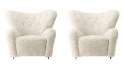 Set of 2 off White Sheepskin the Tired Man Lounge Chair by Lassen