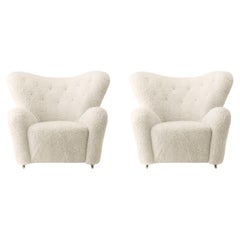 Set of 2 off White Sheepskin the Tired Man Lounge Chair by Lassen