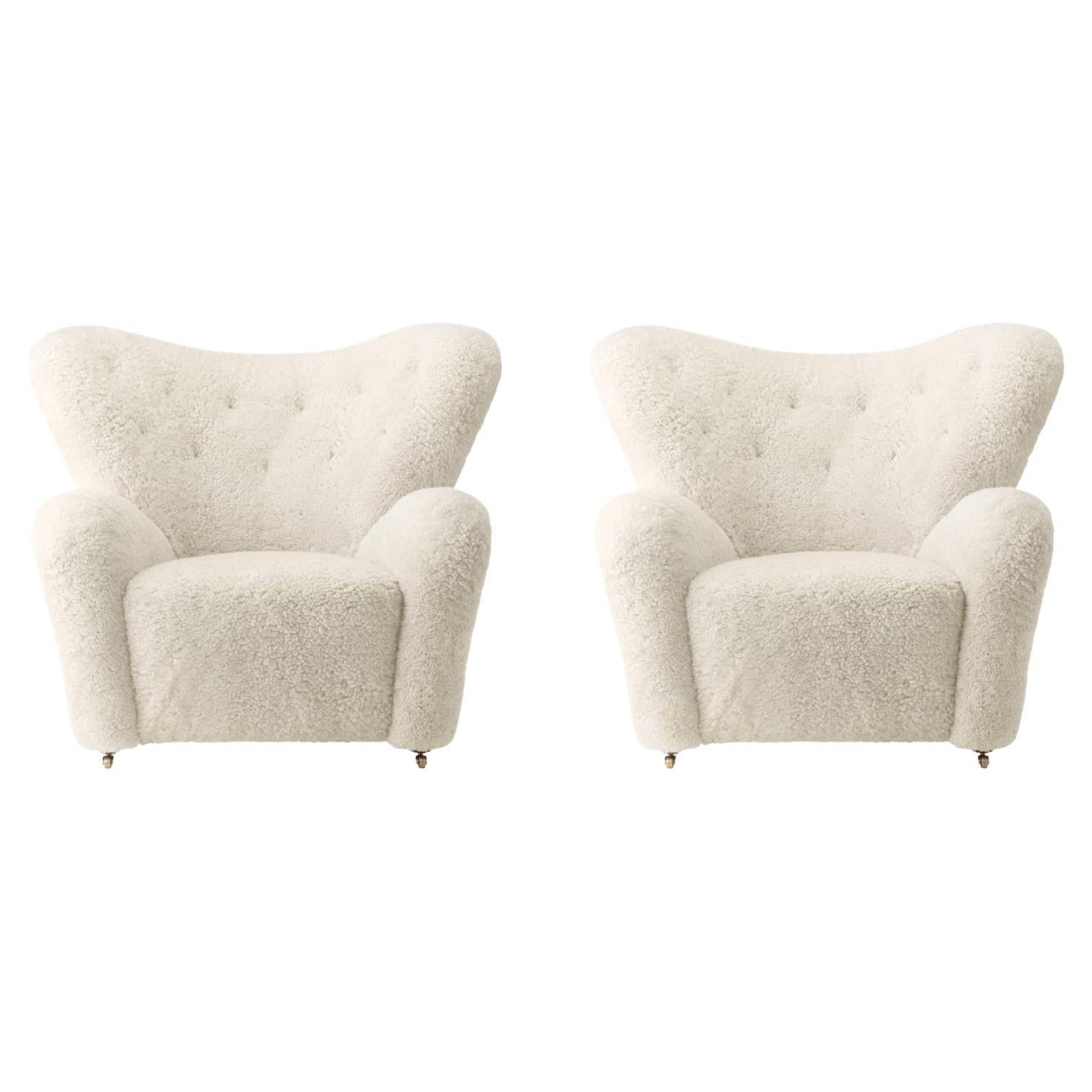 Set of 2 off White Sheepskin the Tired Man Lounge Chair by Lassen For Sale