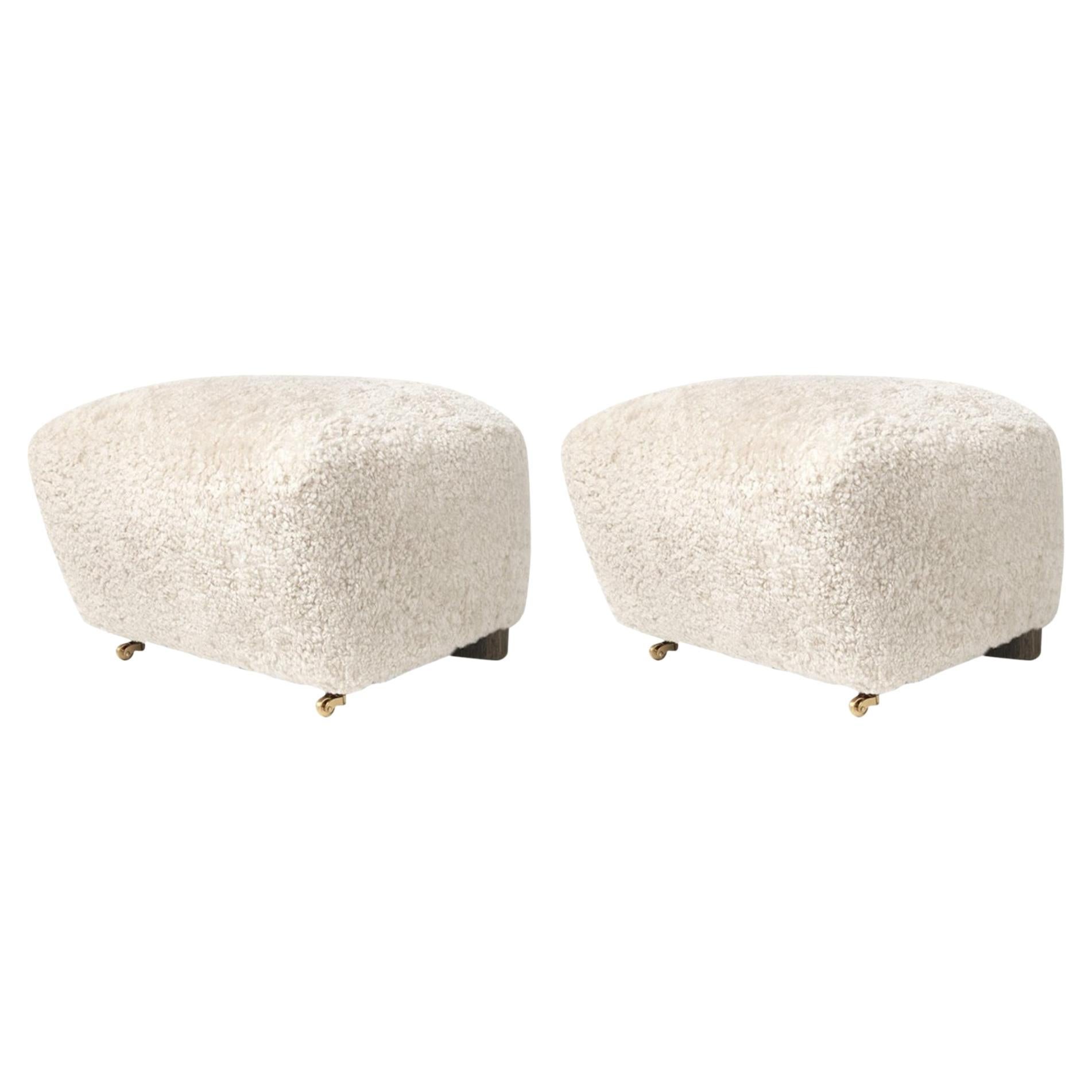 Set of 2 off White Smoked Oak Sheepskin the Tired Man Footstools by Lassen For Sale
