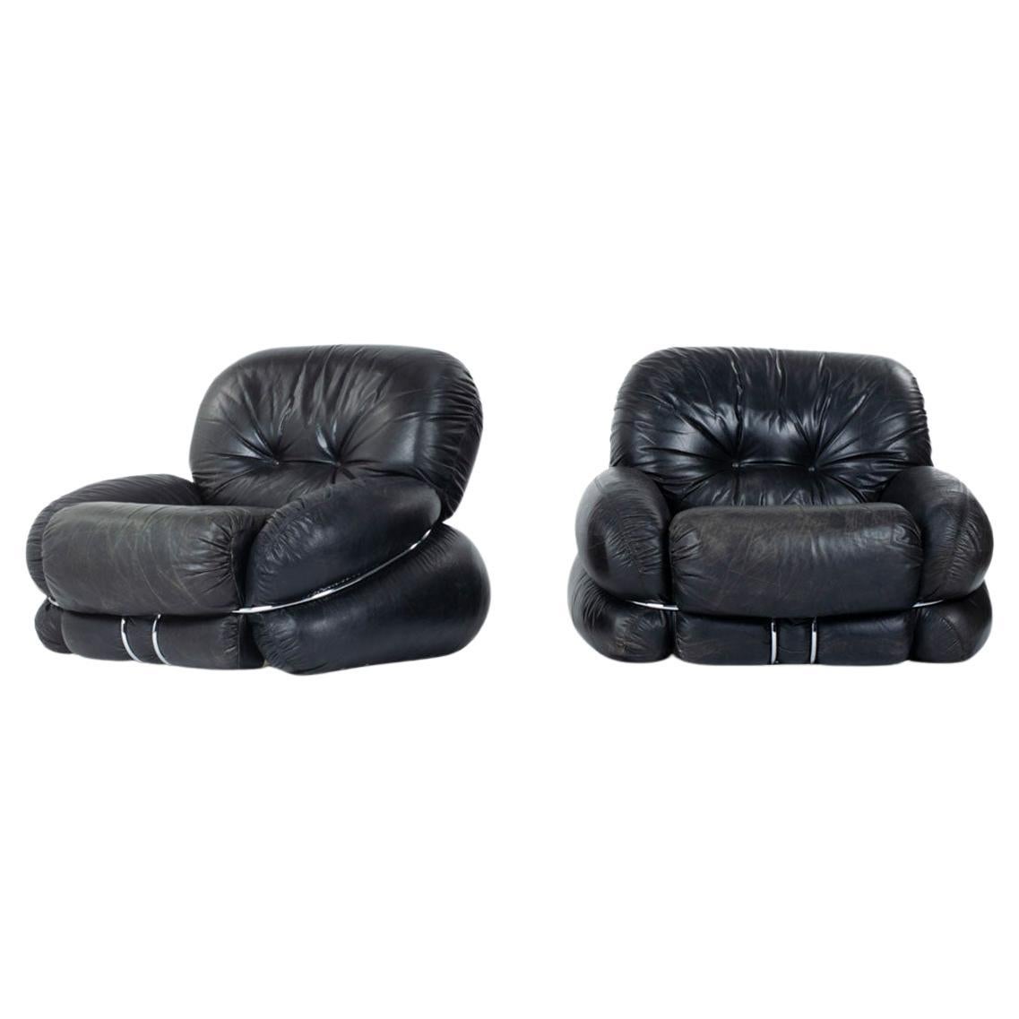 Set of 2 Okay armchairs by Adriano Piazzesi in black leather 1970