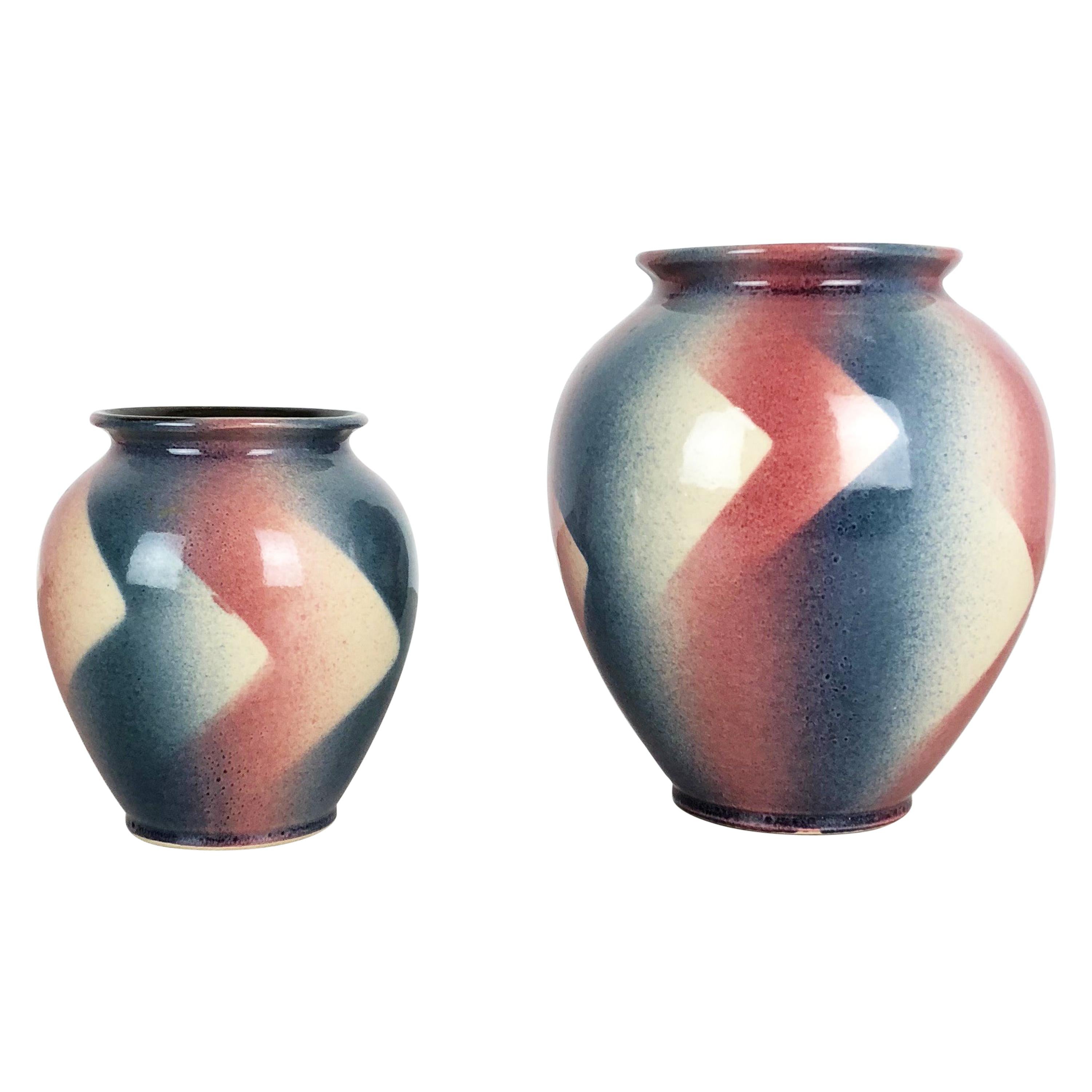 Set of 2 Op Art Spritzdekor Bauhaus Vases Made by Bay Ceramics, Germany, 1950s