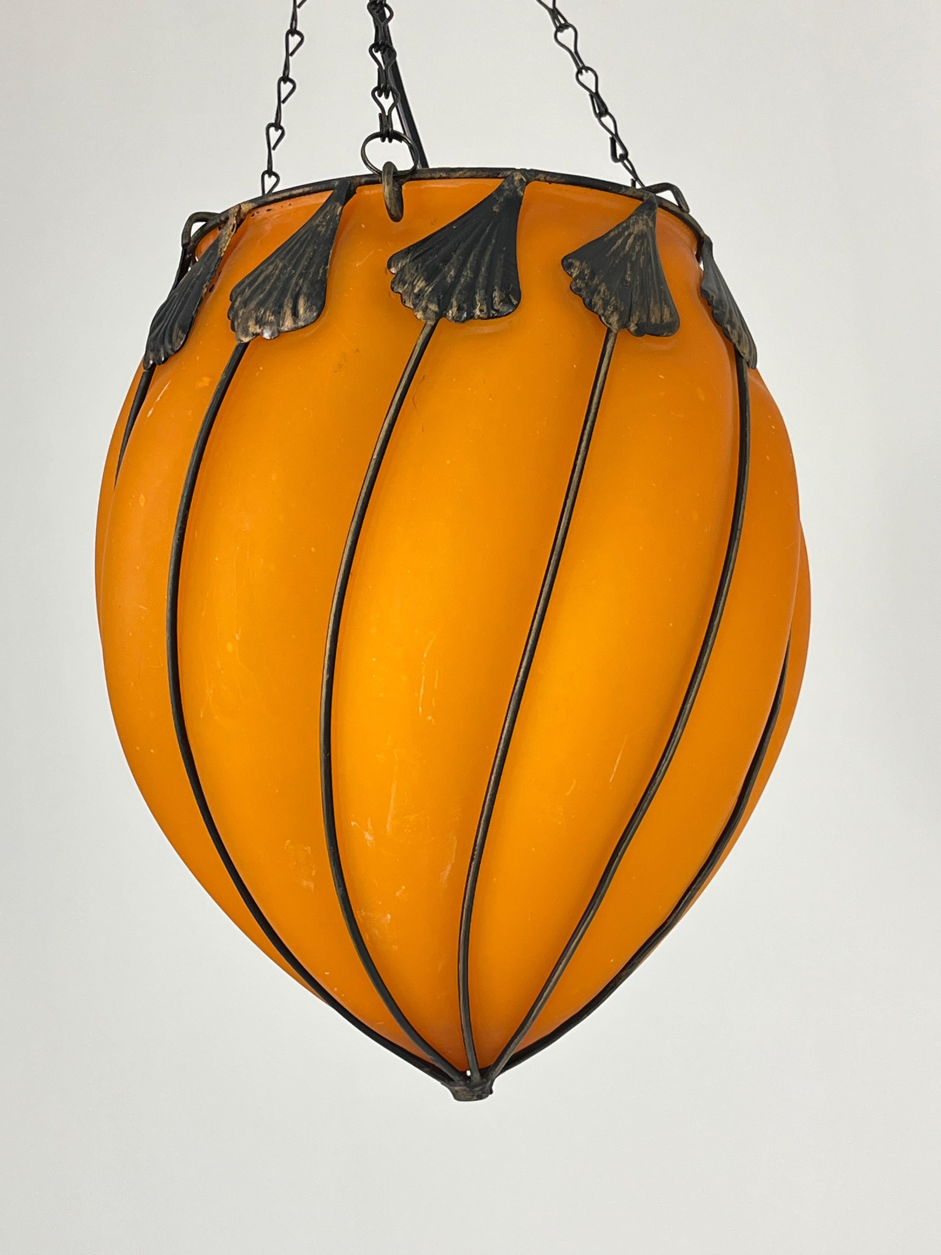 Set of 2 orange Murano glass pendant lamps, 1980s
Intact glass. Each single ball has a diameter of 27 cm and height 30 cm. Length including the chain 85 cm.
Good condition, small signs of aging.
E27 lamps.
We guarantee immediate shipping with