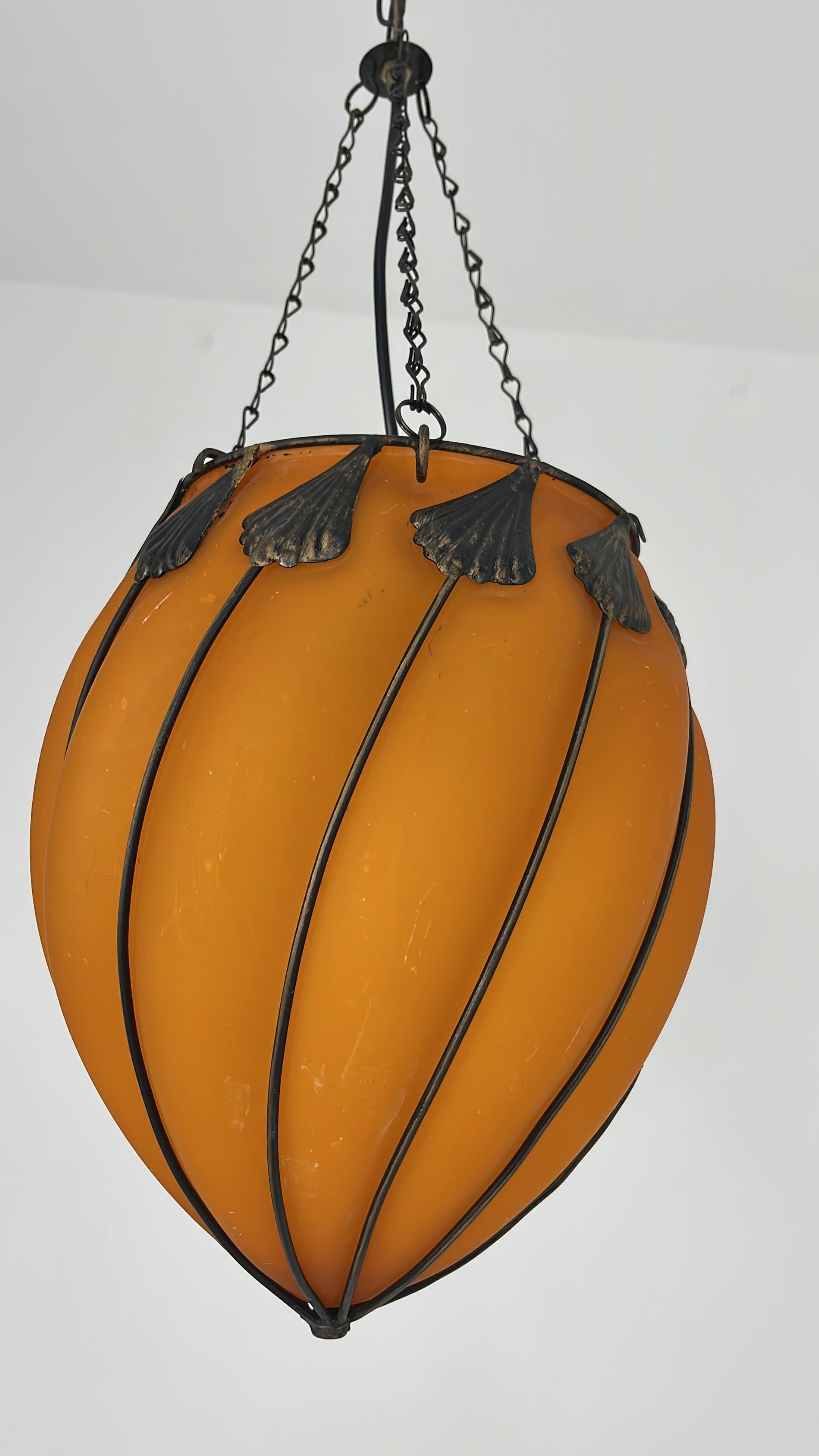 Italian Set Of 2 Orange Murano Glass Pendant Lamps, 1980s For Sale