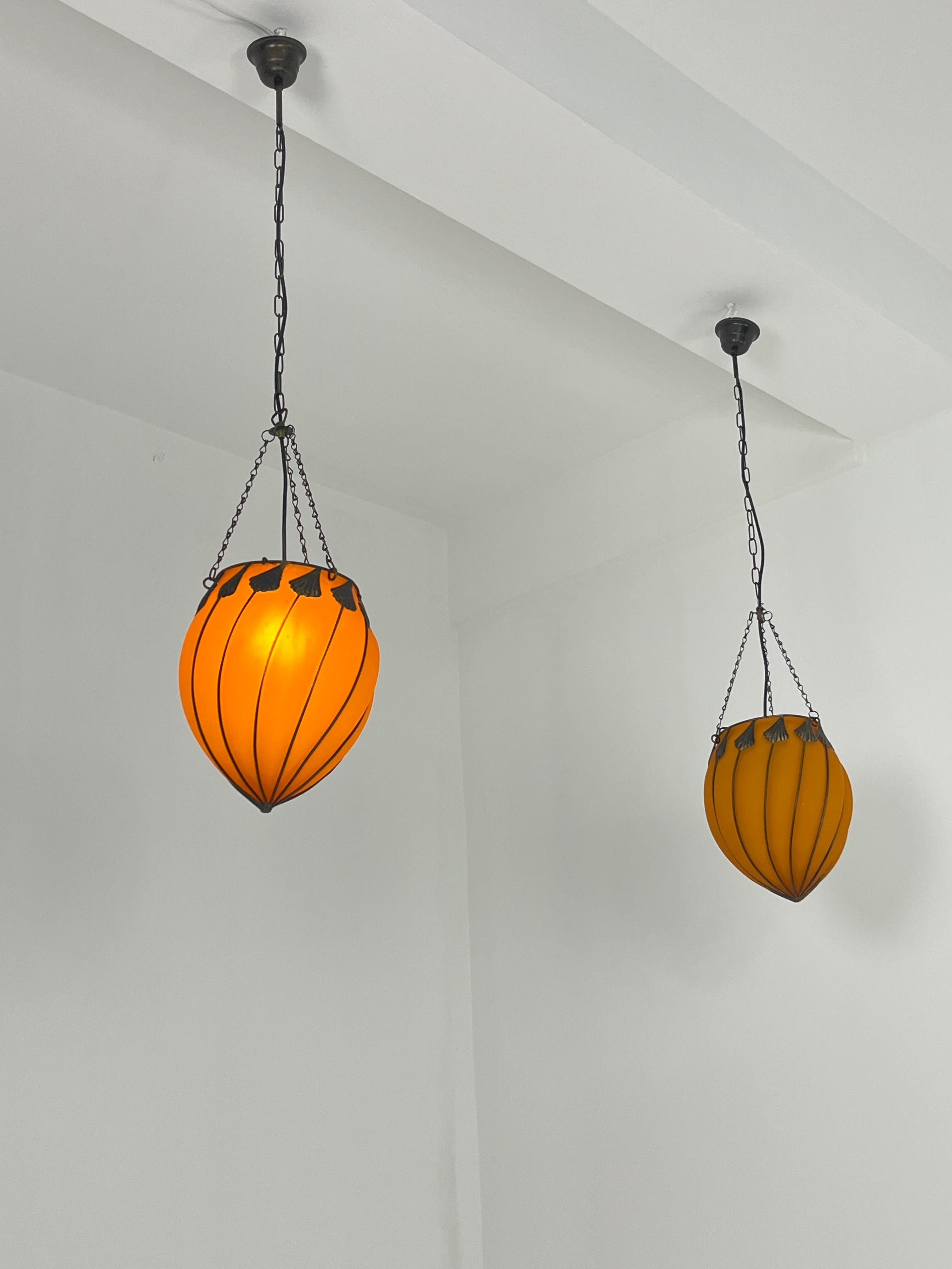 Late 20th Century Set Of 2 Orange Murano Glass Pendant Lamps, 1980s For Sale