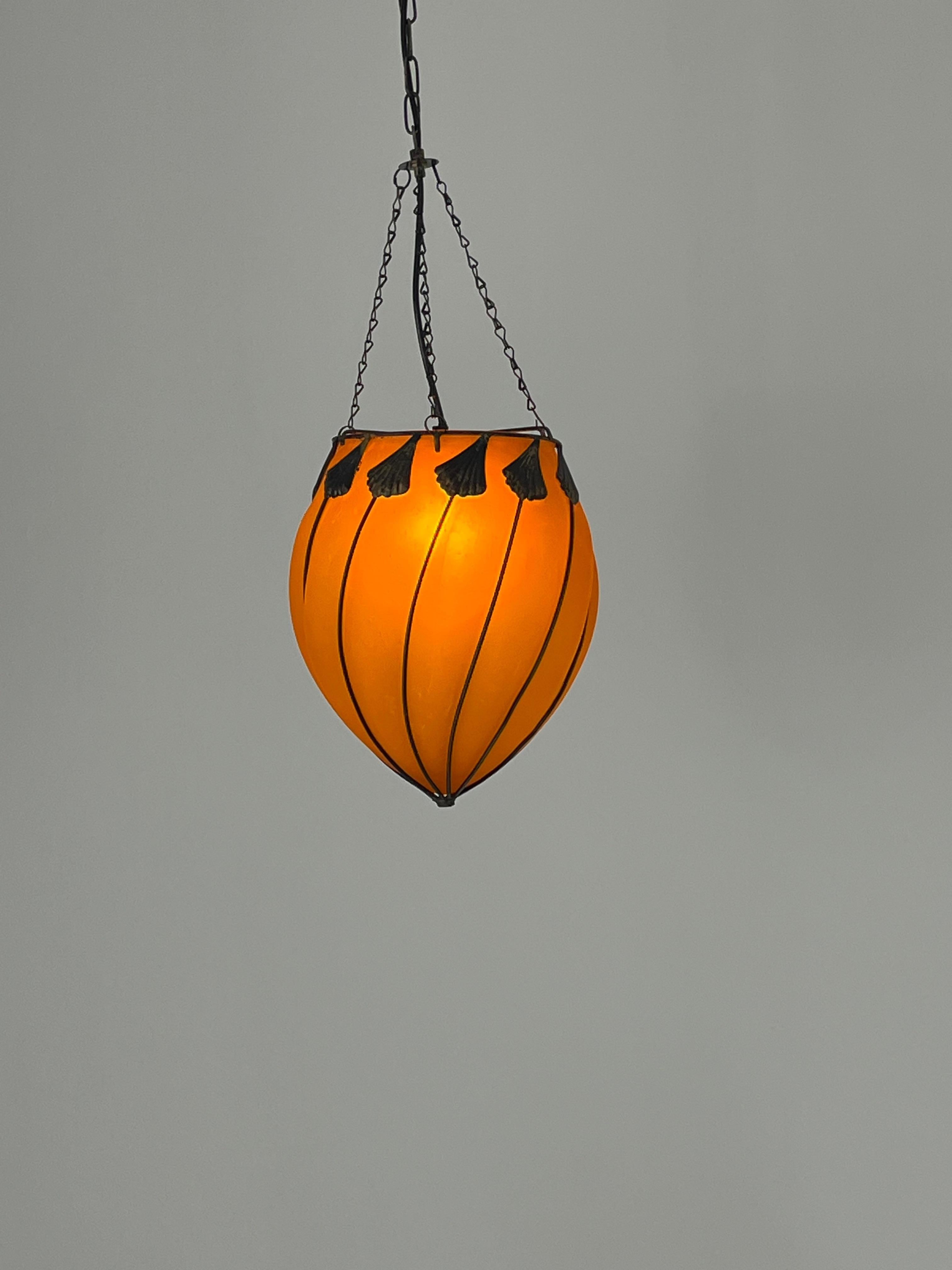 Metal Set Of 2 Orange Murano Glass Pendant Lamps, 1980s For Sale
