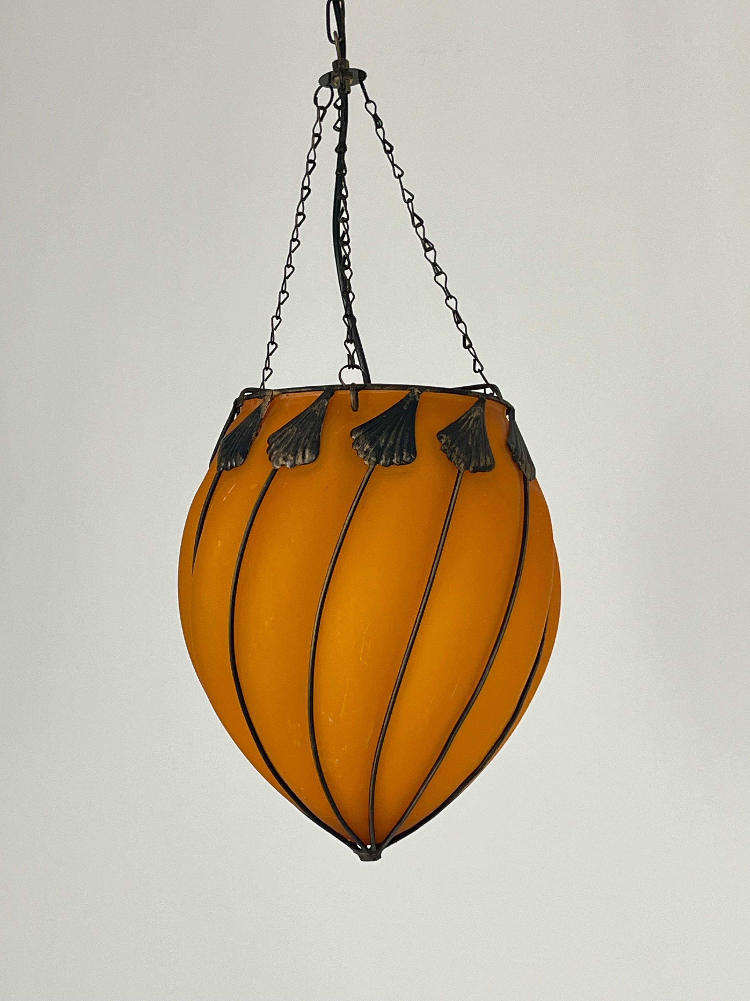 Set Of 2 Orange Murano Glass Pendant Lamps, 1980s For Sale 1