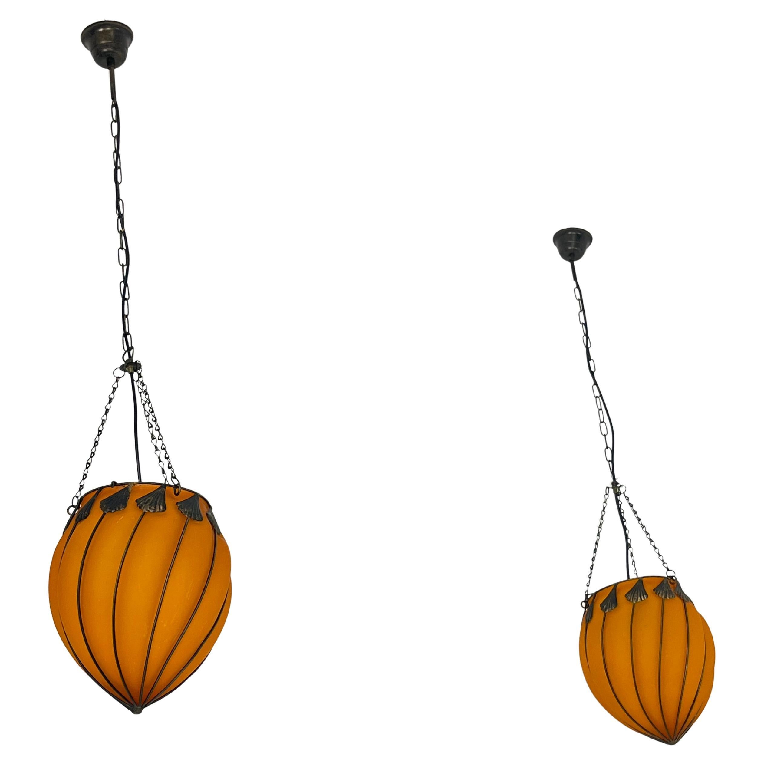 Set Of 2 Orange Murano Glass Pendant Lamps, 1980s For Sale
