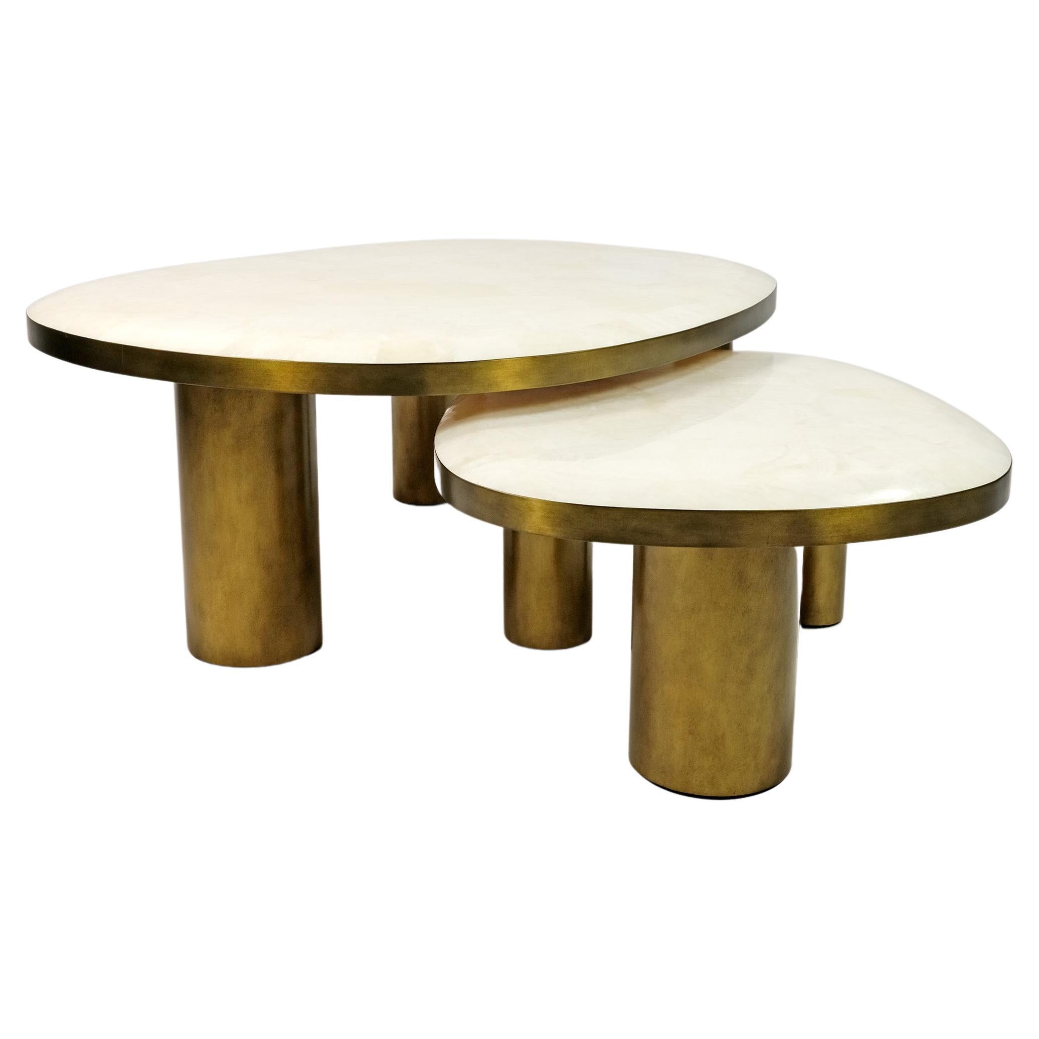 Set of 2 Organic Coffee Tables in Rock Crystal and Brass by Ginger Brown For Sale