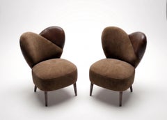 Set Of 2 Organic Modern Armchairs Ft. Feminine Silhouette In Velvet & Leather