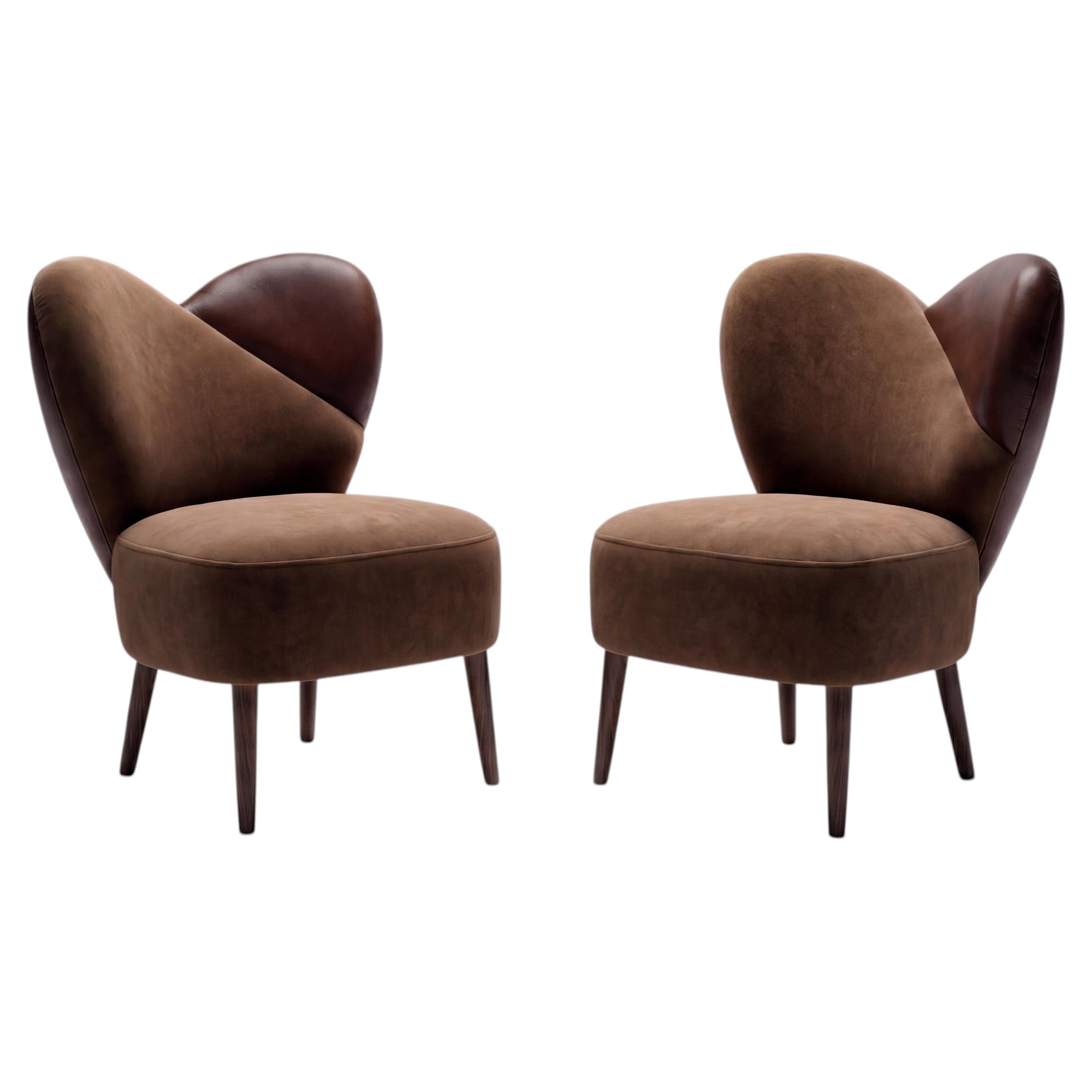 Set Of 2 Organic Modern Armchairs Ft. Feminine Silhouette In Velvet & Leather For Sale