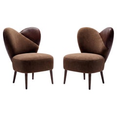 Set Of 2 Organic Modern Armchairs Ft. Feminine Silhouette In Velvet & Leather