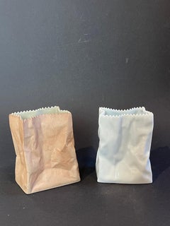 Set of 2 Original 1977 Tapio Wirkkala ''Paper Bag'' Vases Brown White, Rosenthal