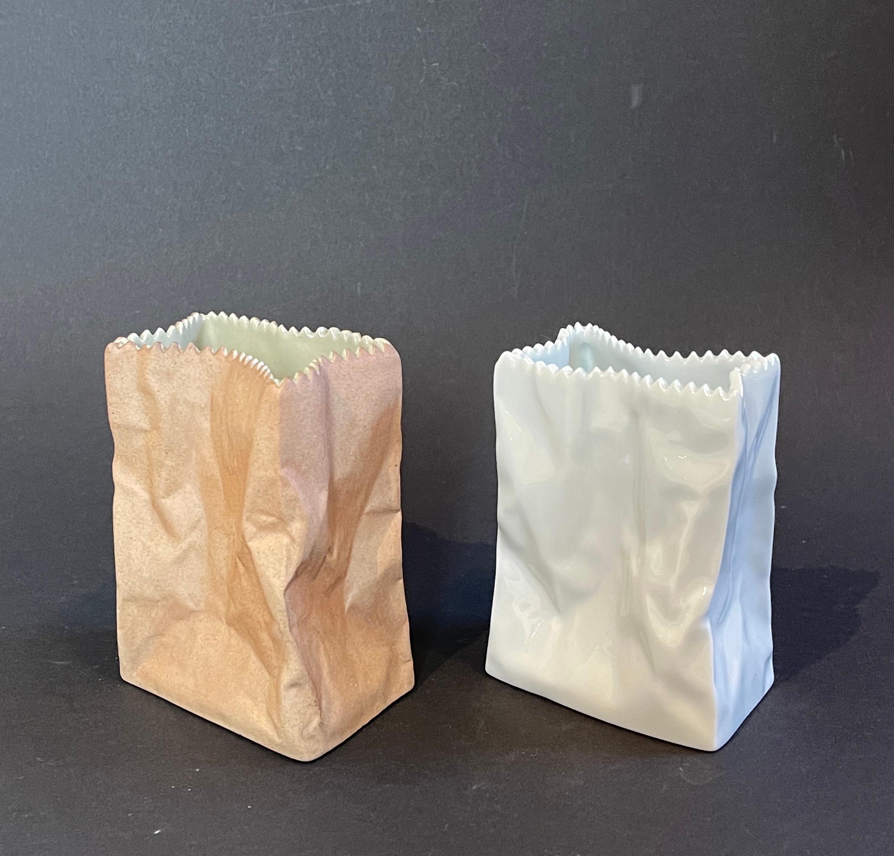 Mid-Century Modern Set of 2 Original 1977 Tapio Wirkkala ''Paper Bag'' Vases Brown White, Rosenthal