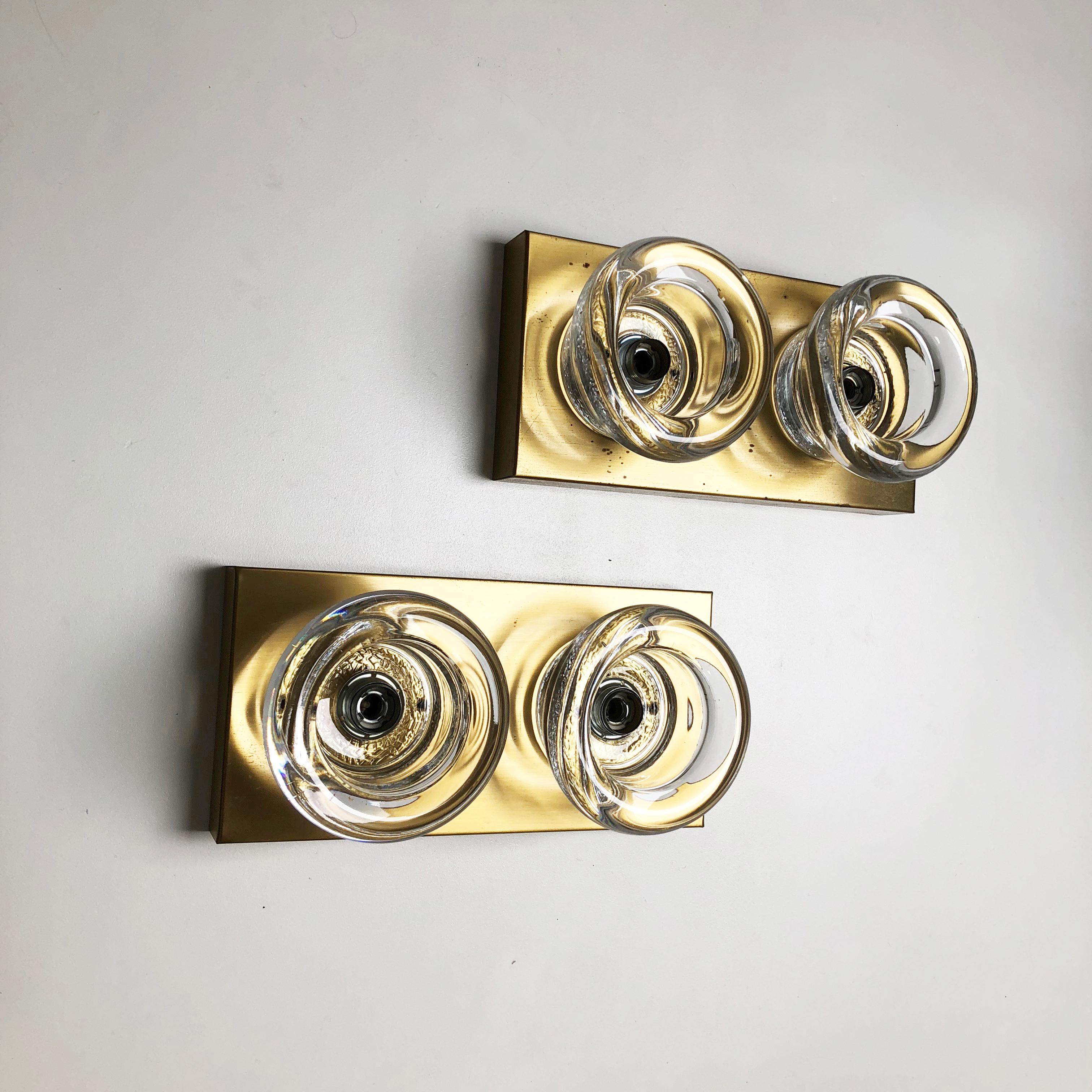 Mid-Century Modern Set of 2 Original Brass Glass Wall Sconce Space Age Cosack Lights, Germany 1970s
