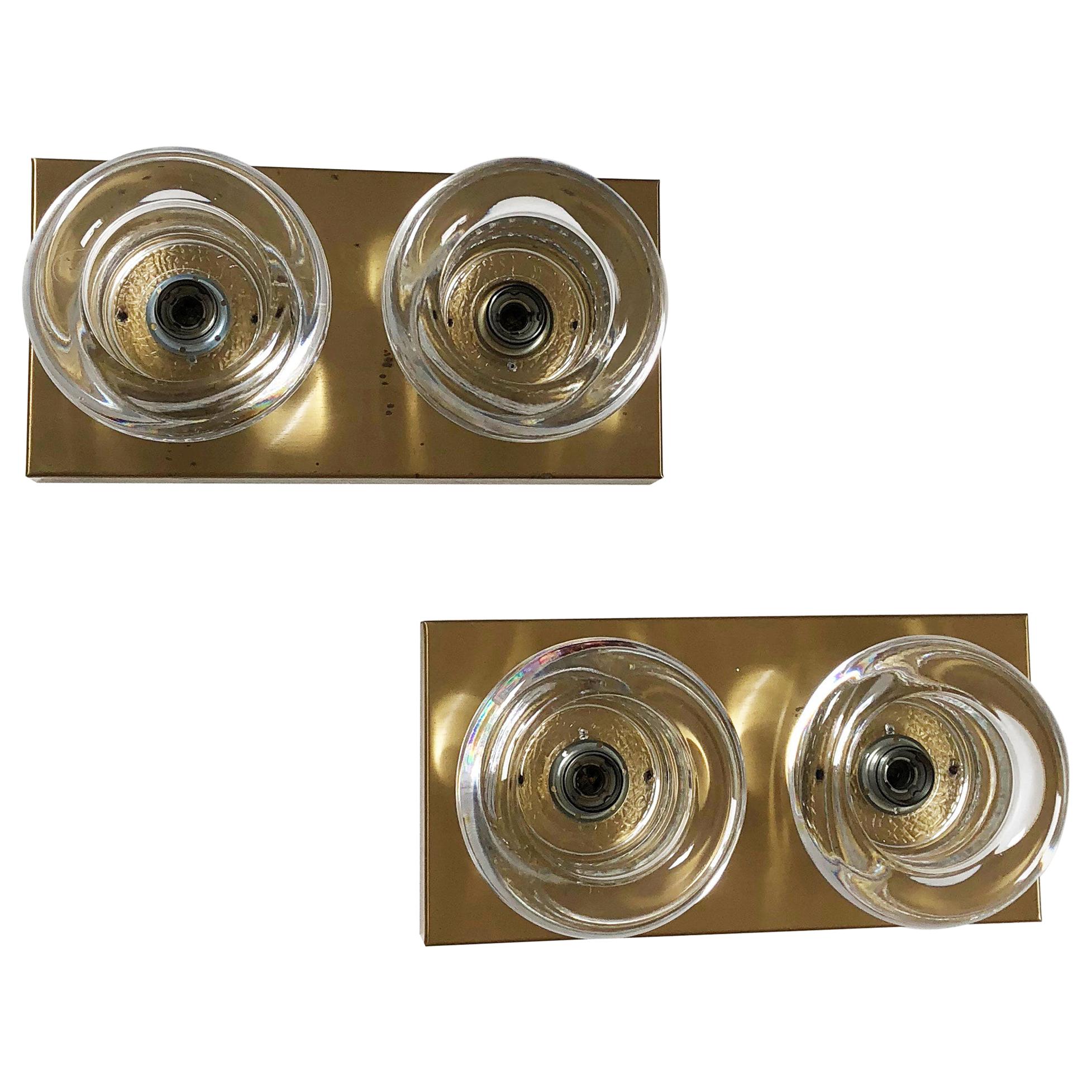 Set of 2 Original Brass Glass Wall Sconce Space Age Cosack Lights, Germany 1970s