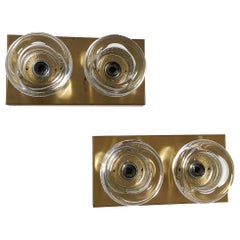 Set of 2 Original Brass Glass Wall Sconce Space Age Cosack Lights, Germany 1970s