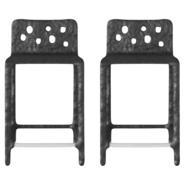 Set of 2 Outdoor Black Sculpted Contemporary Half-Bar Stools by Faina For Sale