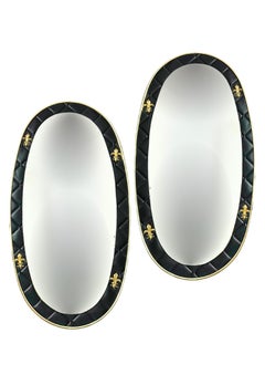 Set of 2 French Oval Wall Mirrors in Leather Frame with Brass Fleur-de-Lis