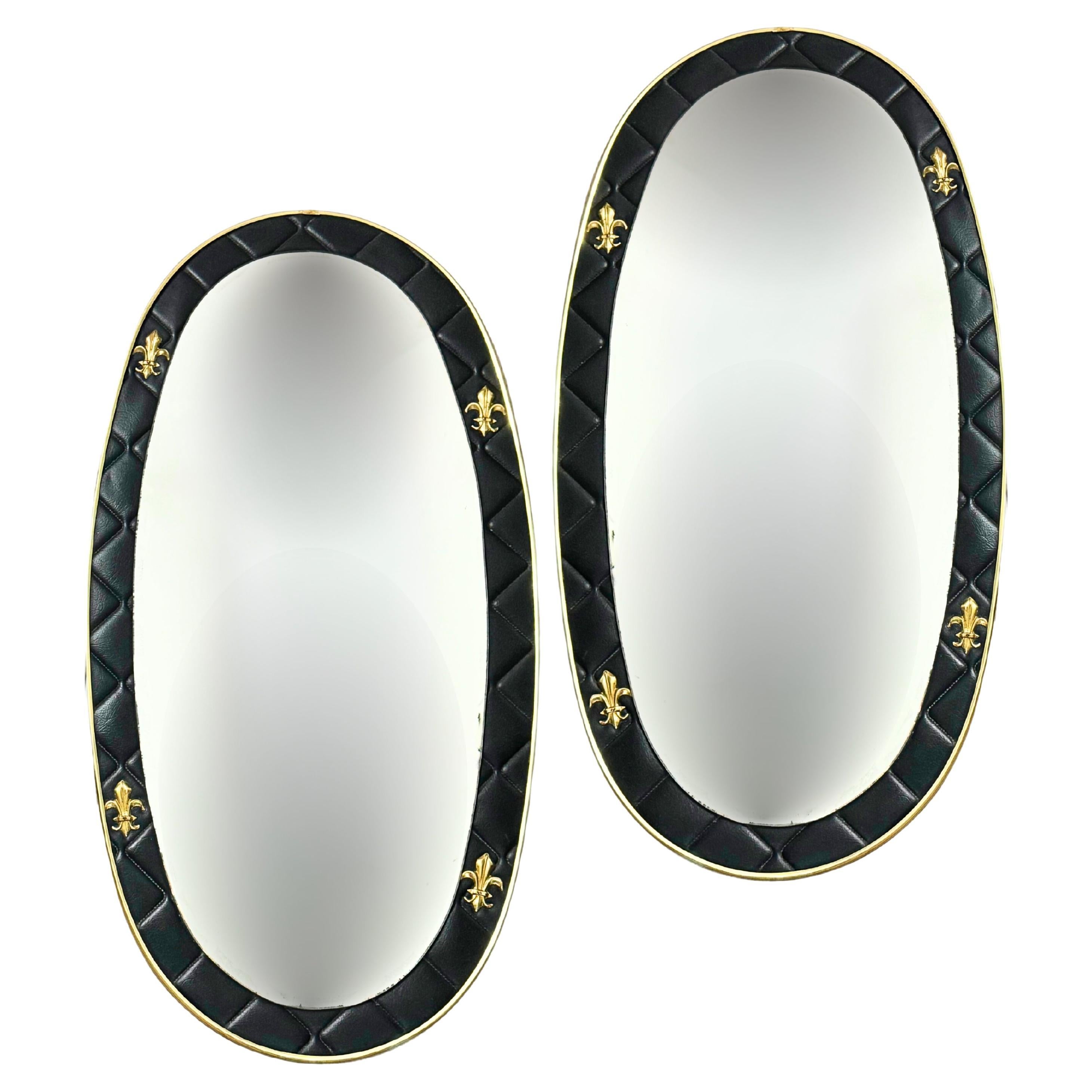 Set of 2 French Oval Wall Mirrors in Leather Frame with Brass Fleur-de-Lis