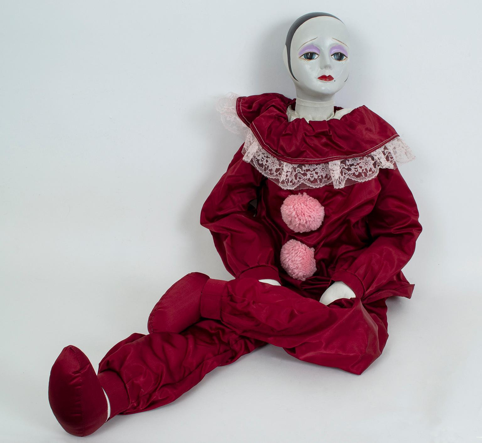 Set of 2 Oversize 3.5’ Commedia dell’Arte Porcelain Pierrot Clown Dolls, 1984 3