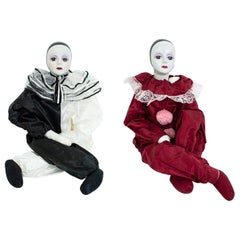 Set of 2 Oversize 3.5’ Commedia dell’Arte Porcelain Pierrot Clown Dolls, 1984