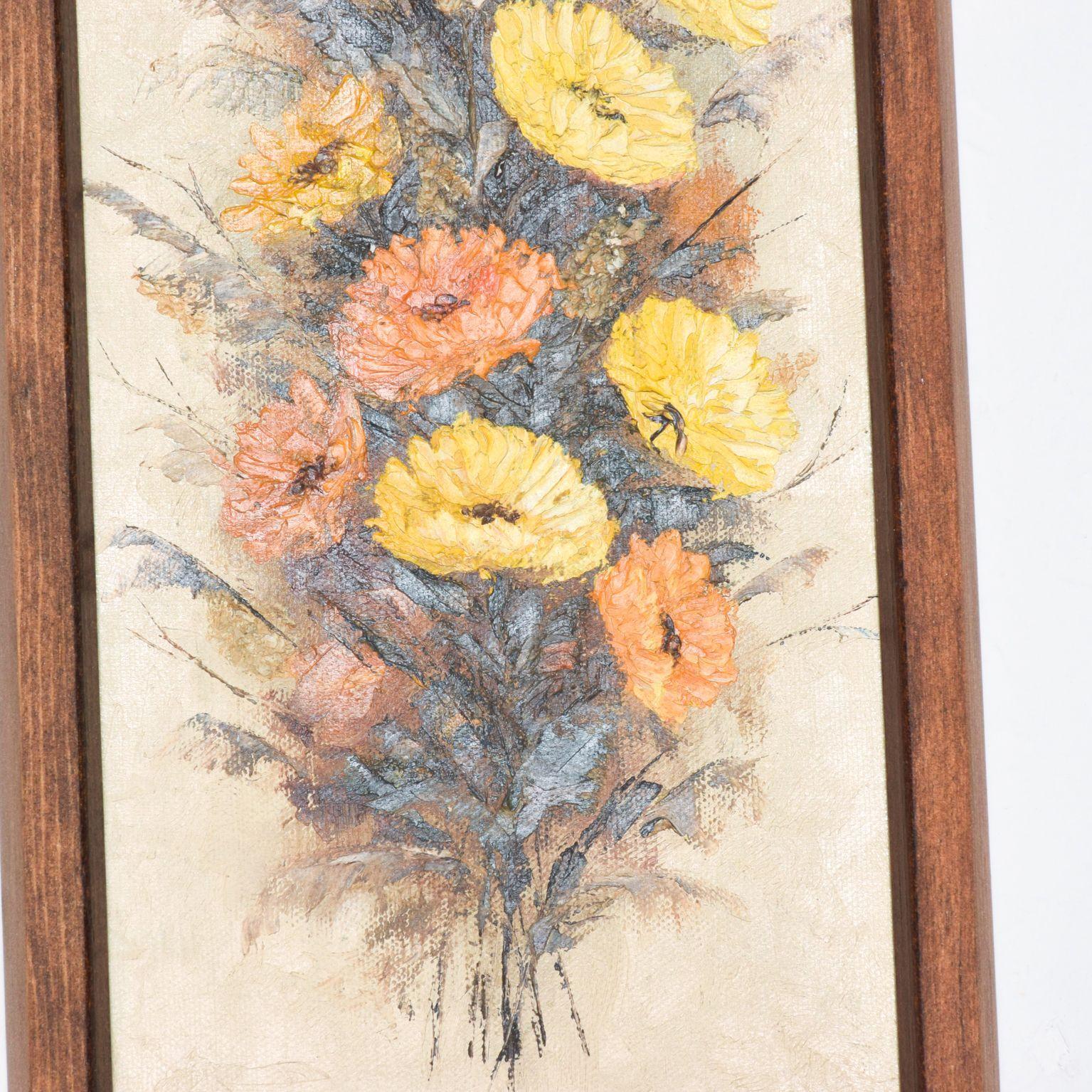 1960s Two Piece Painting Wall Art Yellow Orange Floral Bouquet by Pina Moberly 3