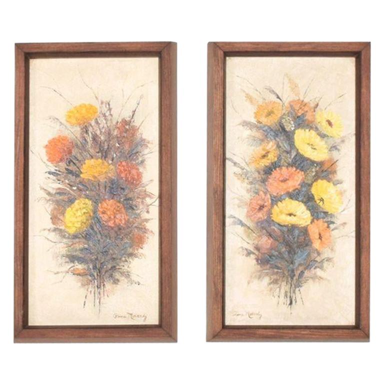 1960s Two Piece Painting Wall Art Yellow Orange Floral Bouquet by Pina Moberly